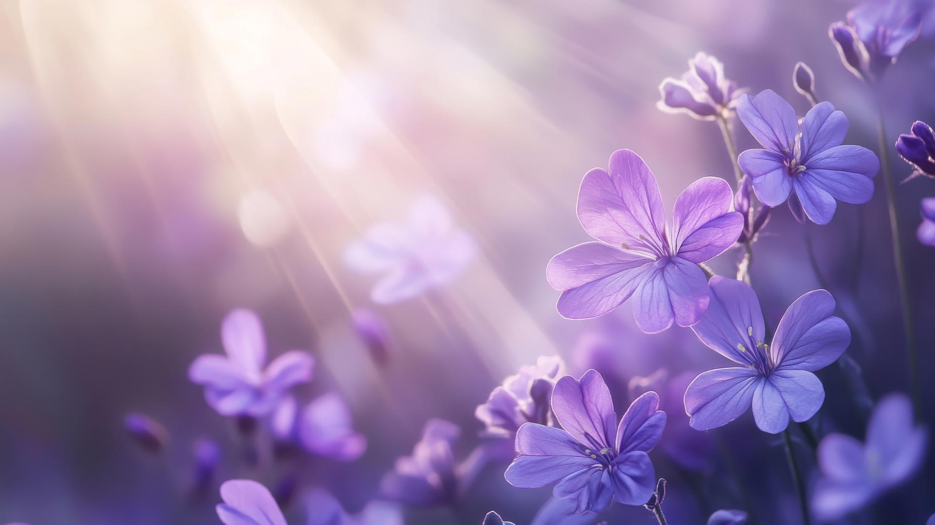Dreamy purple flower wallpaper with soft lavender blooms in a misty atmosphere.