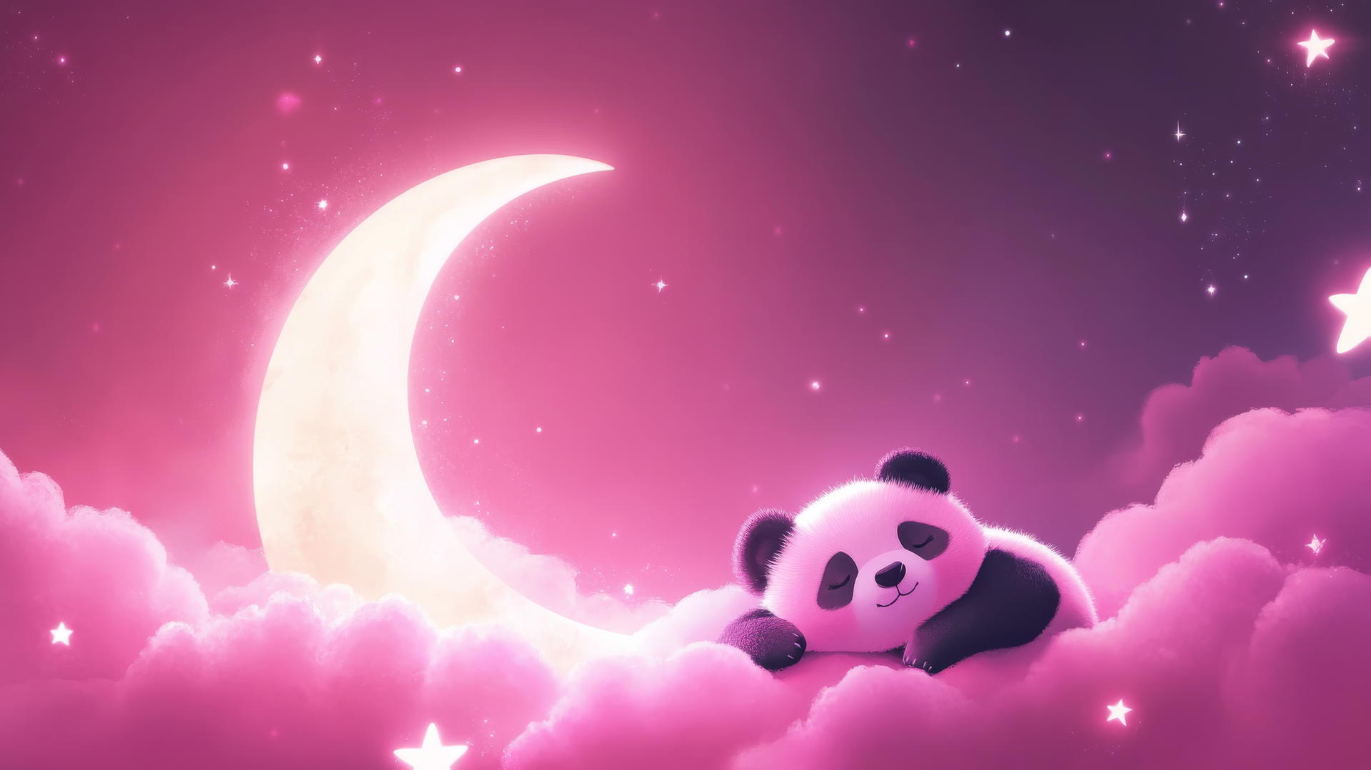 cute panda wallpaper 4k with a sleepy pink panda on a crescent moon among stars and clouds