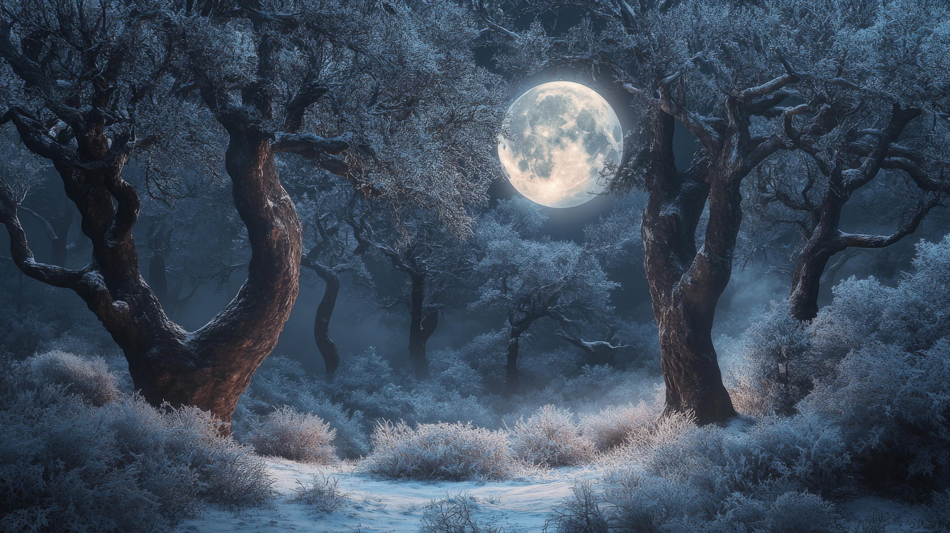 mystical winter forest with frost-covered trees under an ethereal full moon, winter background wallpaper