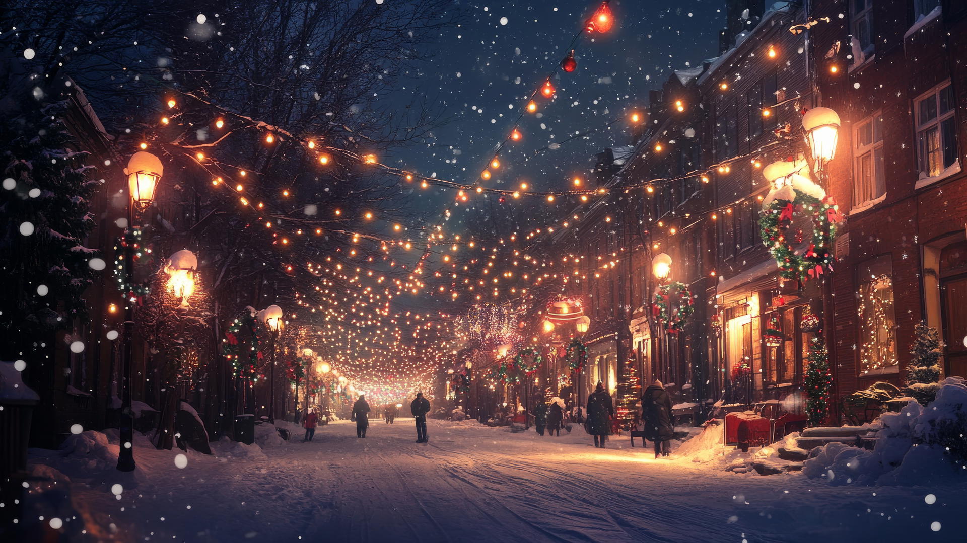 Festive winter night scene with string lights and snow-covered streets, winter background wallpaper