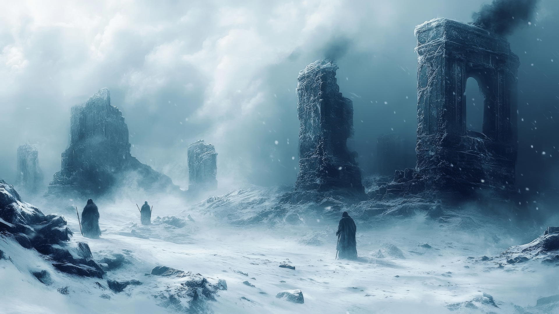 winter background wallpaper with warriors in fur amid snowy battlefield