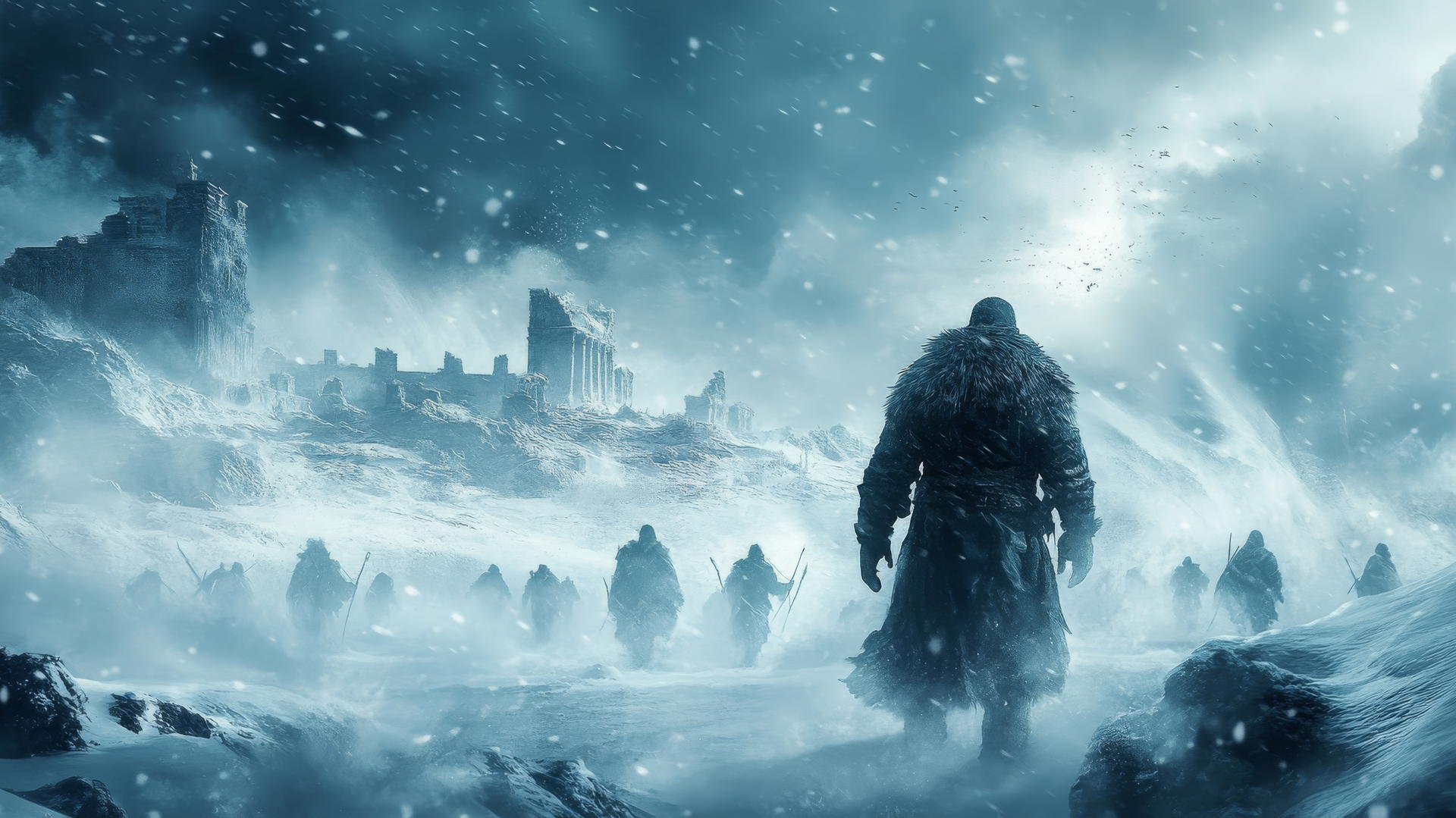winter background wallpaper with ancient ruins and warriors in snowstorm