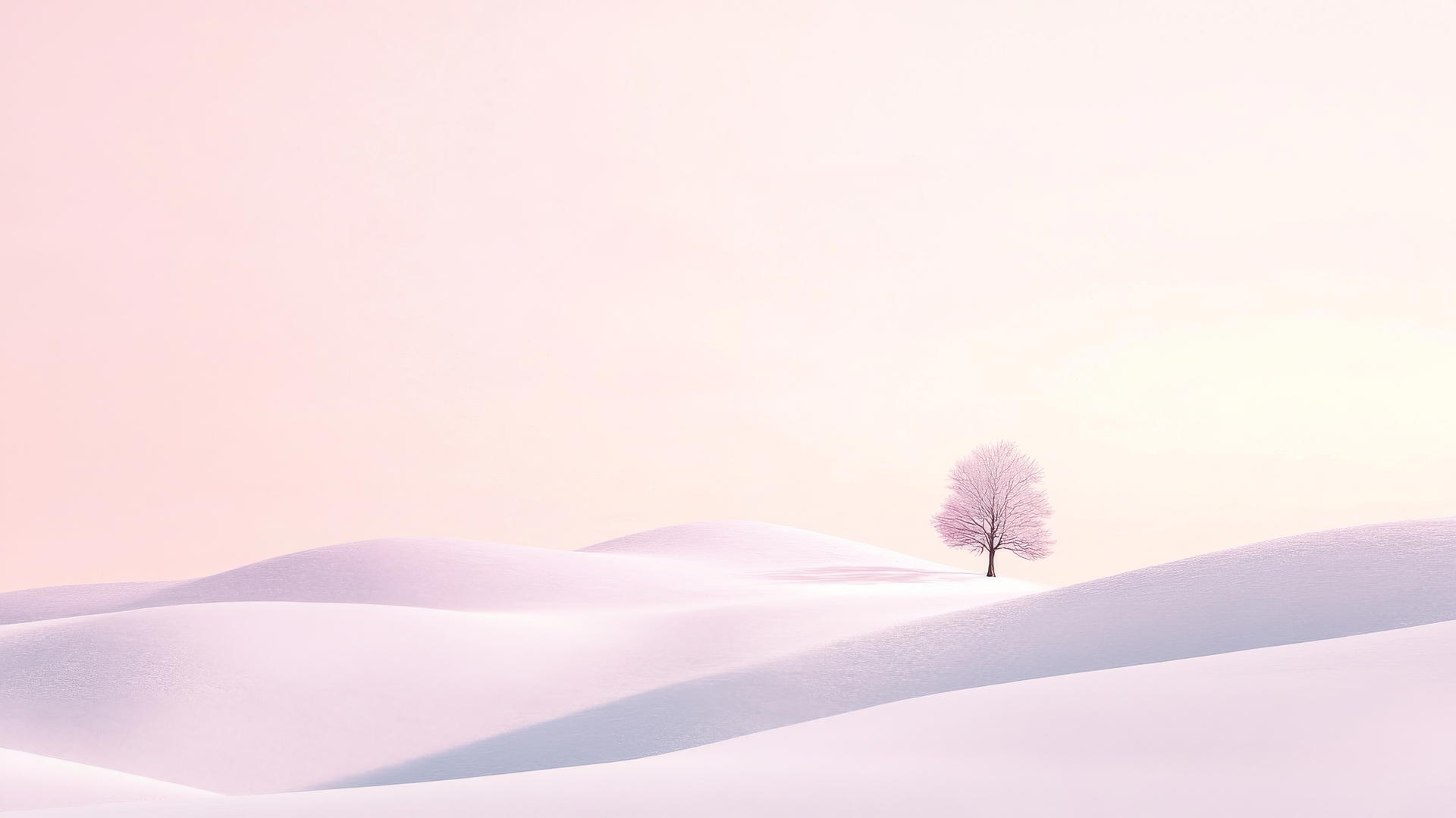 winter aesthetic wallpaper of snowy hills, single tree, pastel skies