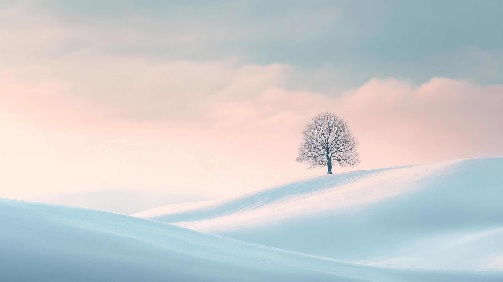 minimalist winter landscape with snow, single tree, pastel skies, winter aesthetic wallpaper