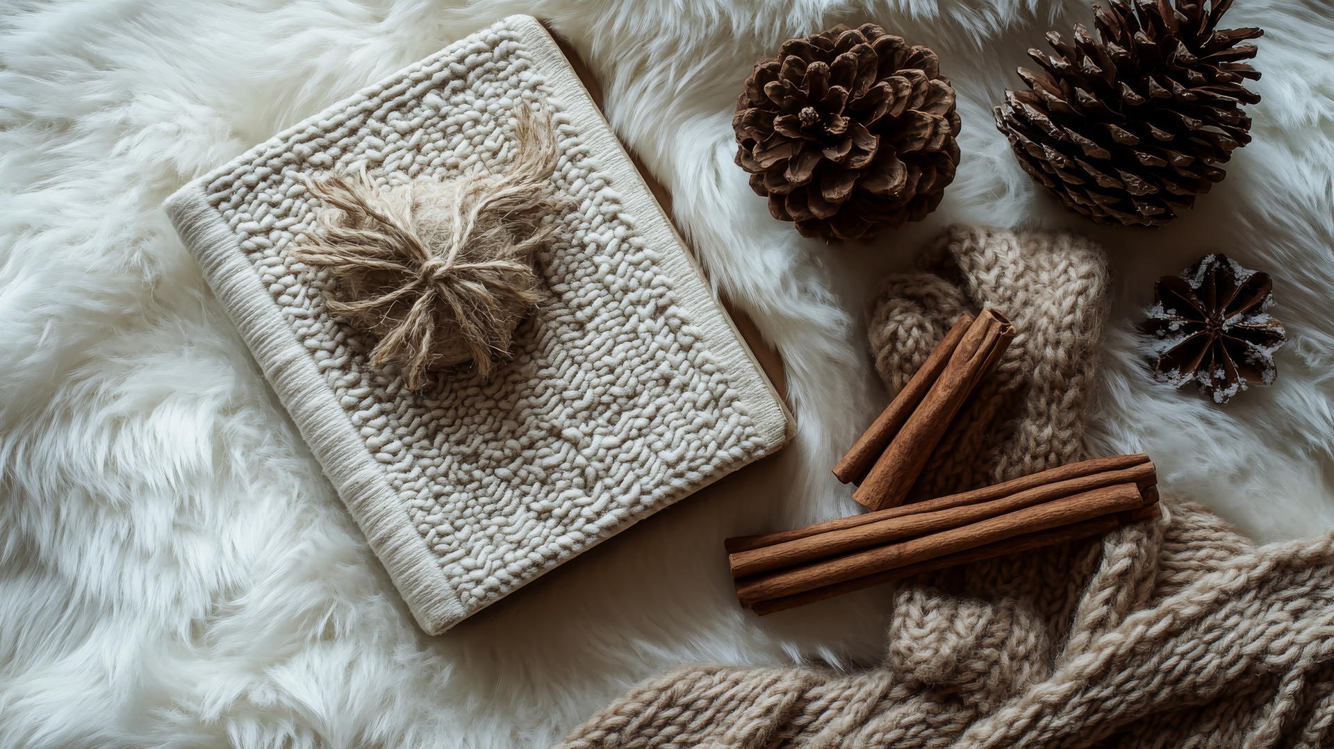 winter aesthetic wallpaper with vintage books, knitted scarves, pinecones, and cinnamon sticks on white fur