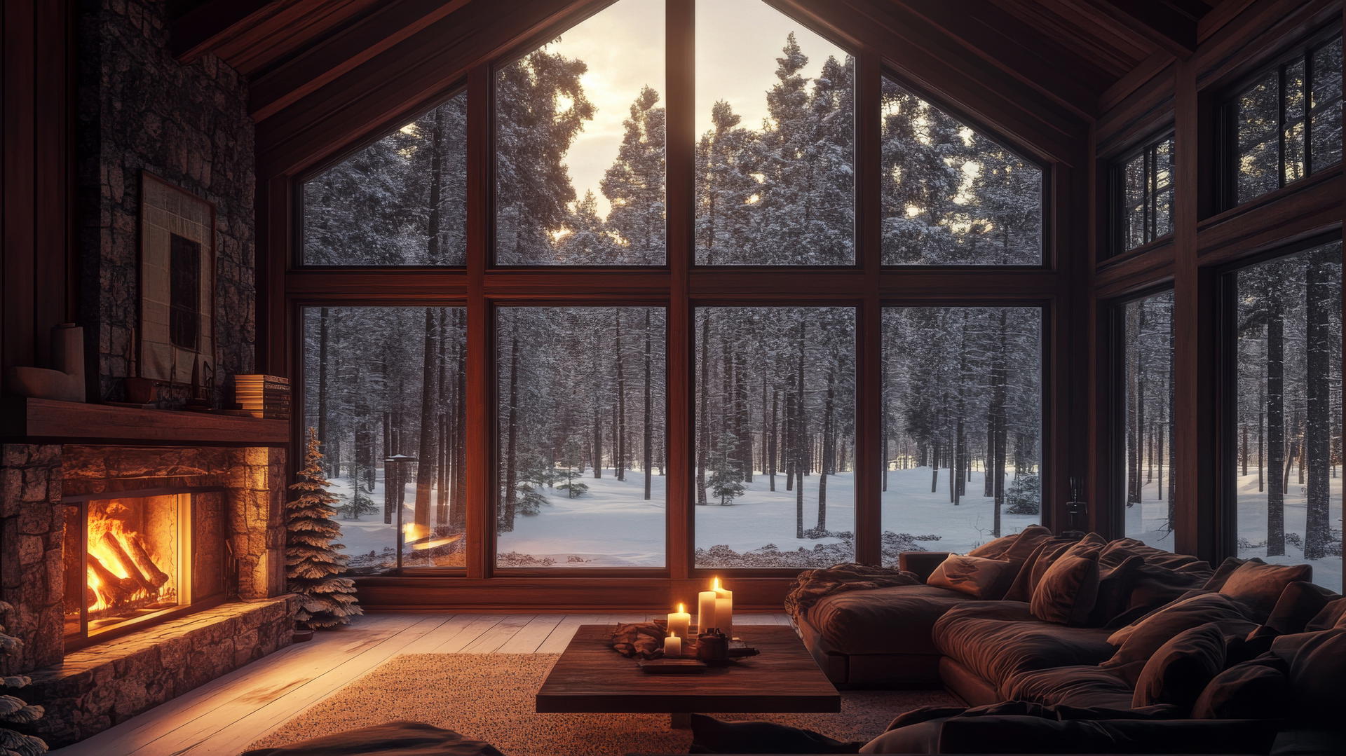 cozy cabin with a large window showing a snow-covered forest, warm fireplace, aesthetic winter wallpaper