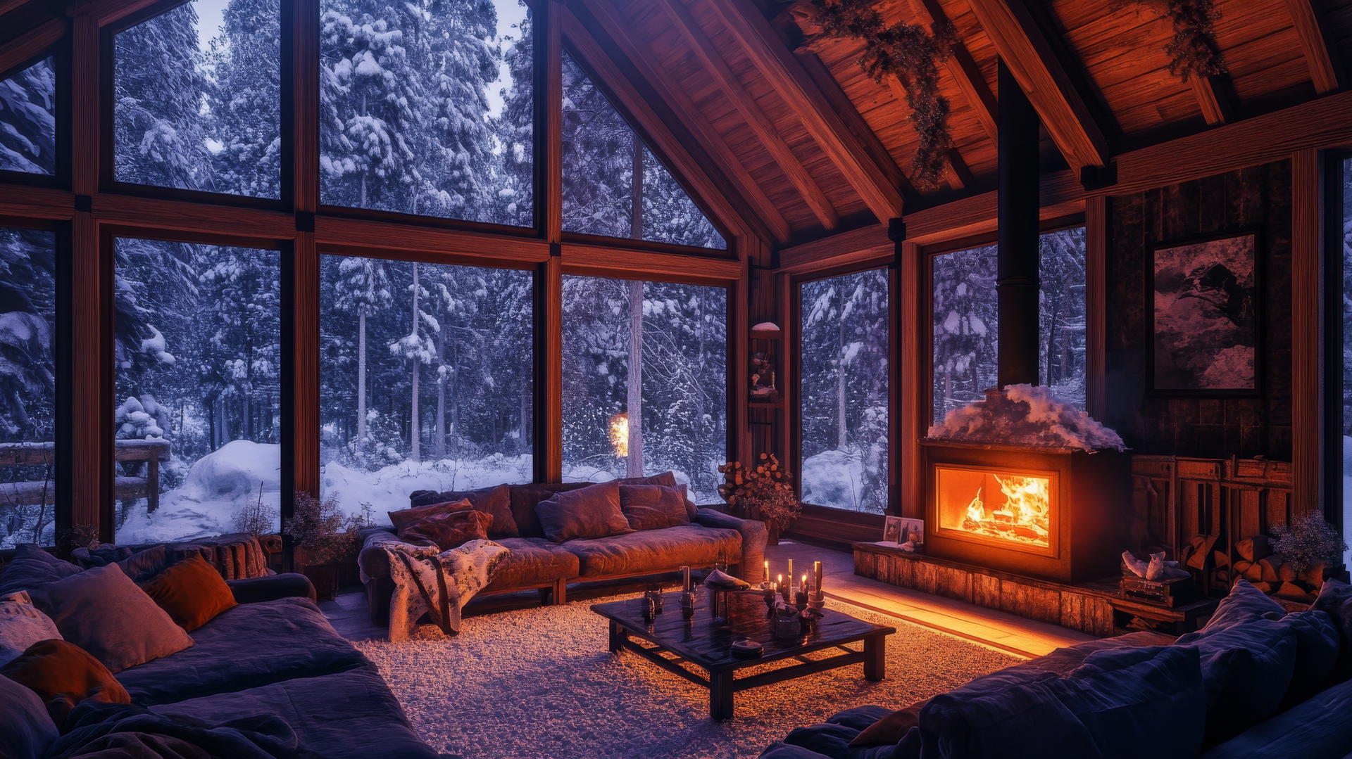 aesthetic winter wallpaper with a cozy cabin interior, large window framing a snow-covered forest, and warm fireplace glow