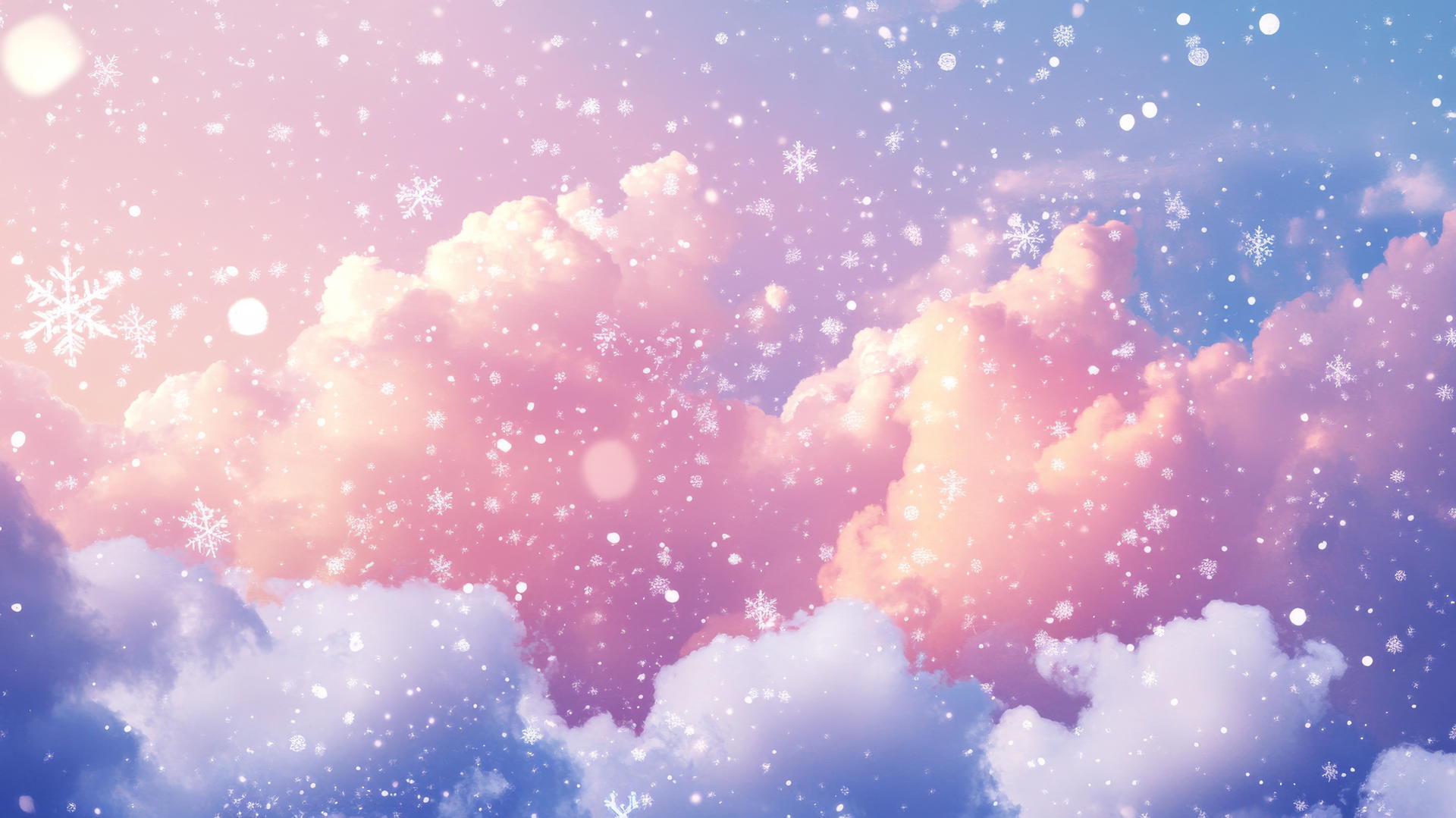 Aesthetic winter wallpaper with pastel clouds and falling snowflakes