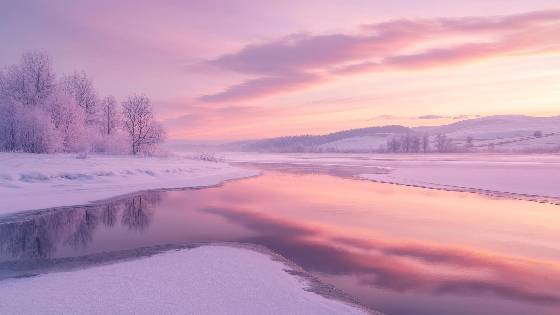 Winter wallpaper aesthetic with pastel-toned sunset over a frozen pond