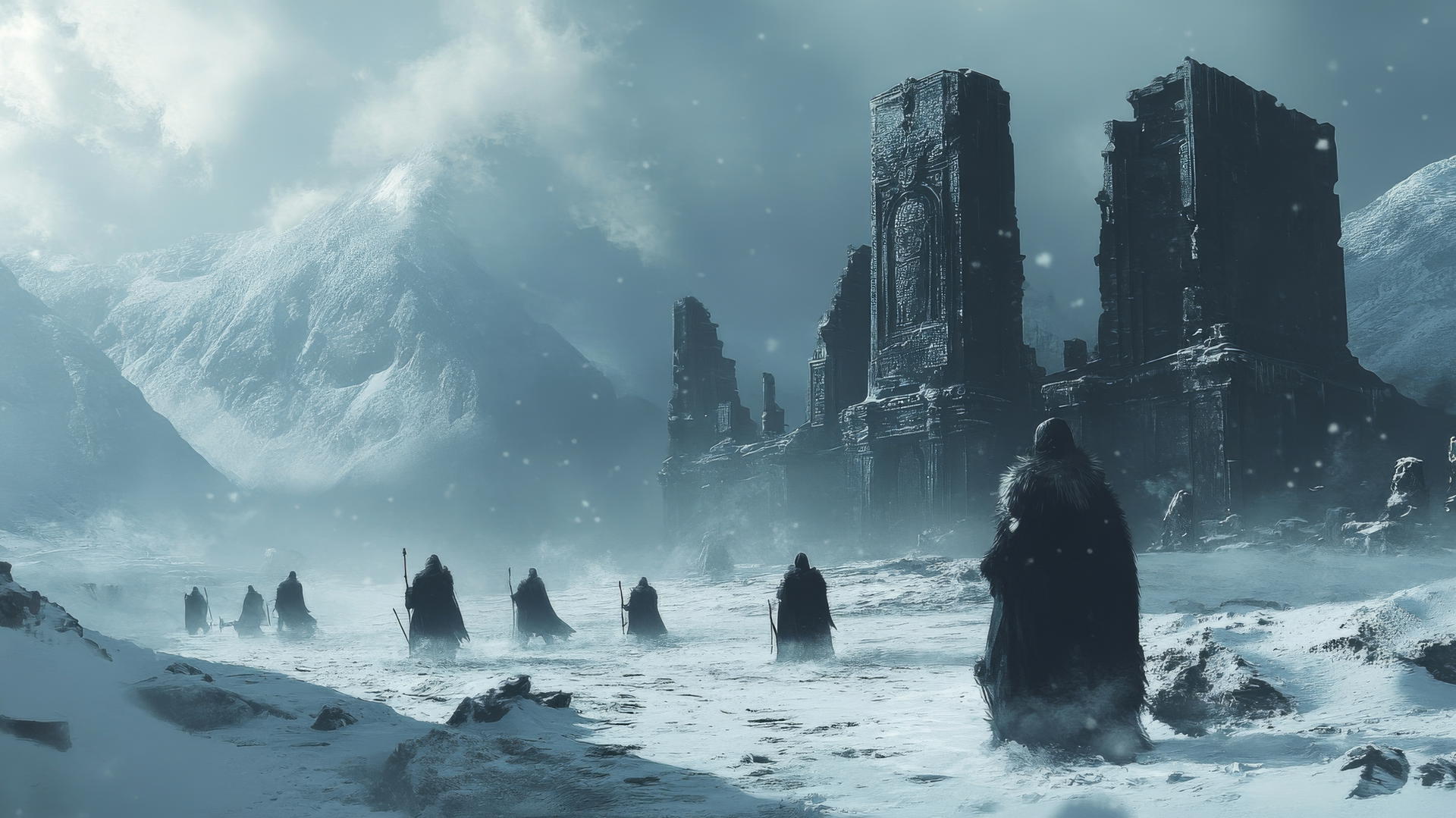 winter background wallpaper featuring ancient ruins and warriors in a snowstorm