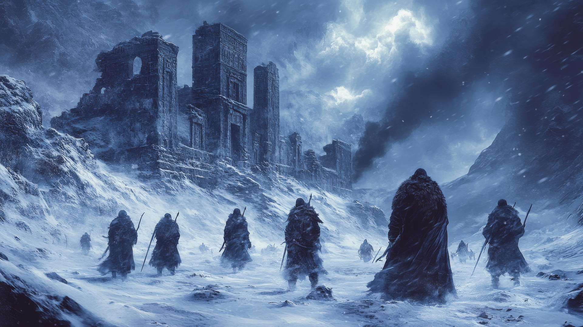winter background wallpaper with warriors in fur amid snowstorm and ancient ruins