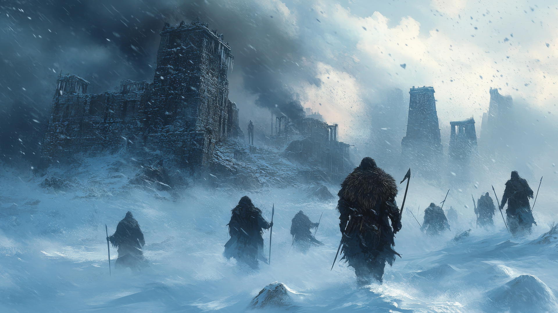 Winter background wallpaper with ancient ruins and warriors in a snowstorm