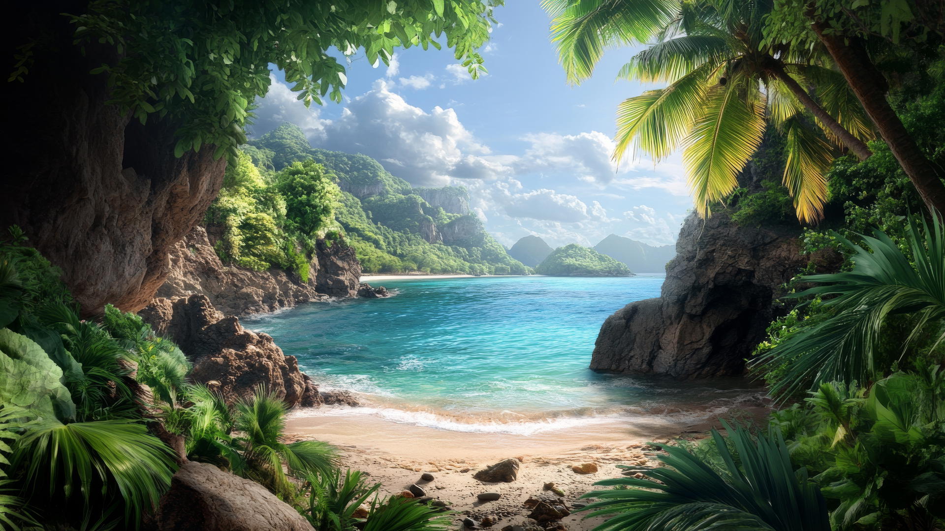 wallpaper beach with secluded cove, rocky cliffs, lush greenery