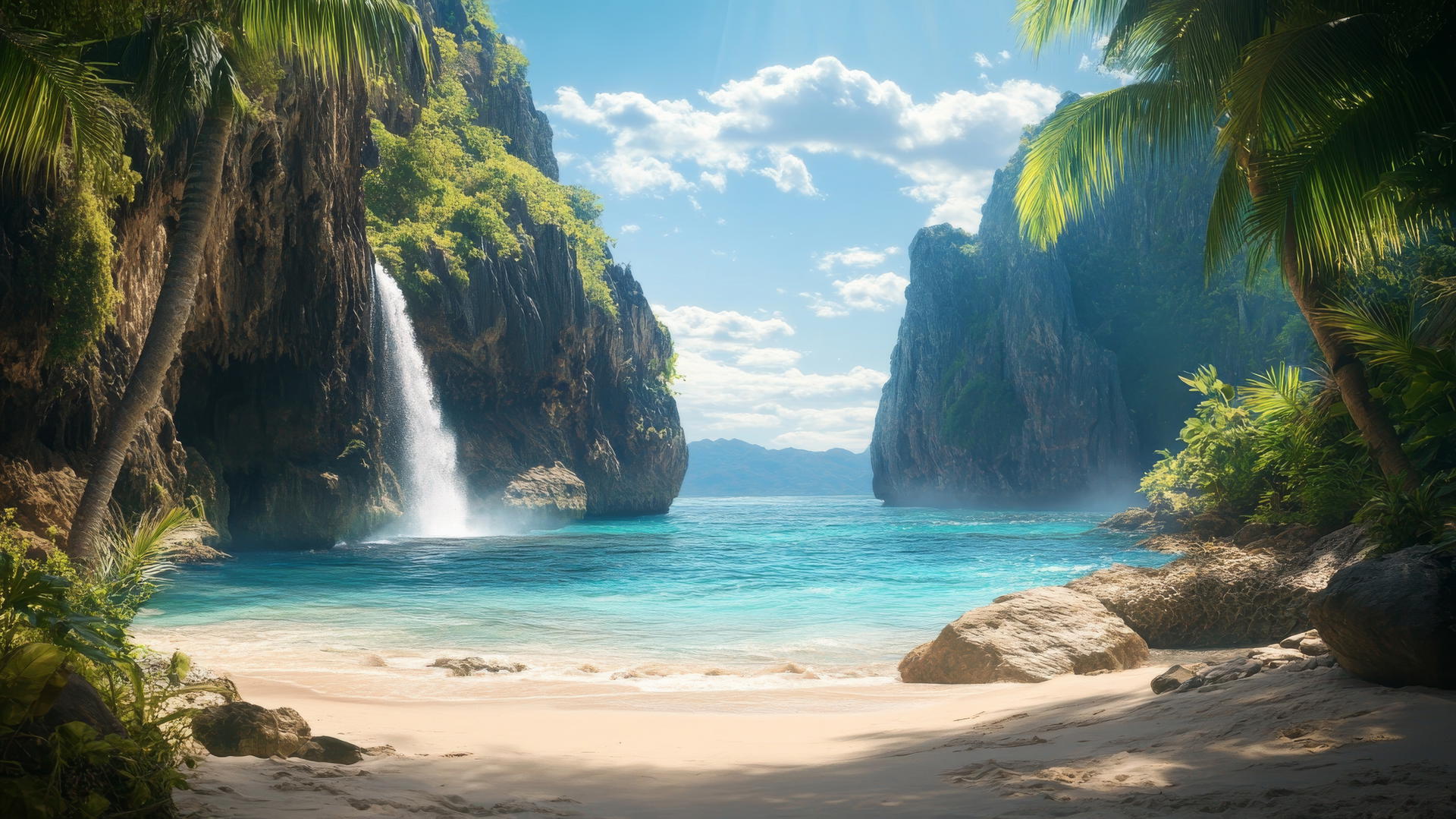 tropical beach wallpaper with cliffs, white sand, blue water, and a distant waterfall