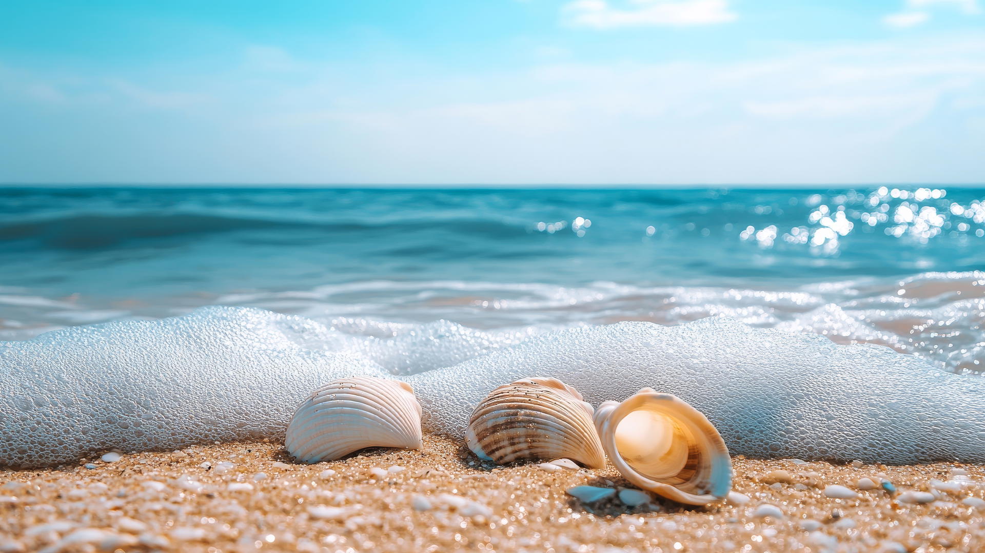 Sun-drenched beach with golden sand, blue waters, and seashells. Beach aesthetic wallpaper.