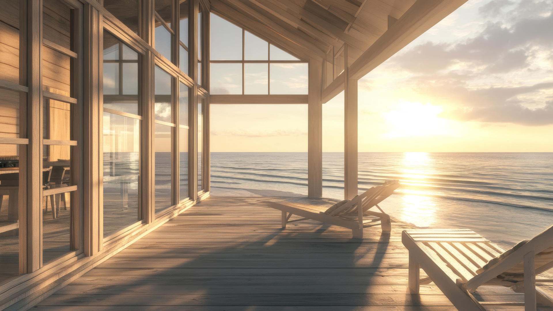 beach house wallpaper with large windows, ocean view, sunlight, and wooden deck with chairs