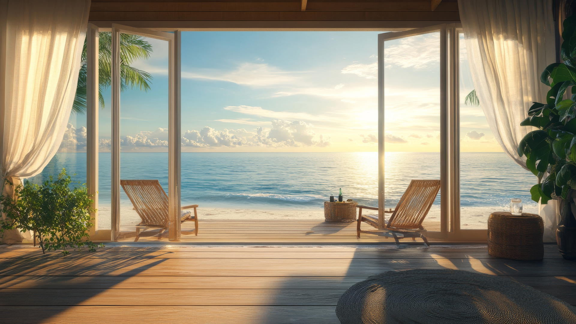 beach house wallpaper with large windows, ocean view, sunlight, wooden deck