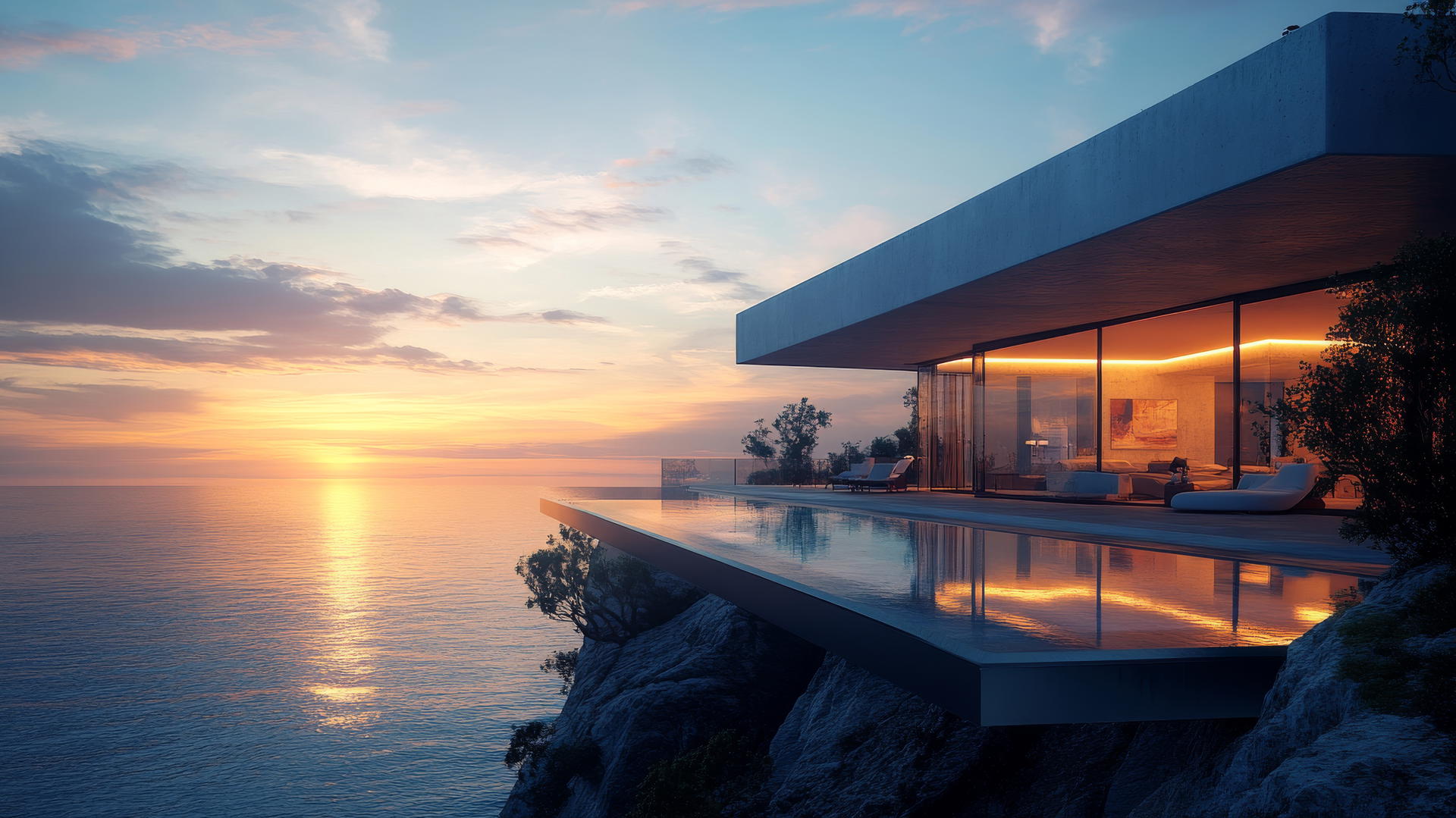 luxurious modern beach house wallpaper with glass walls, sunset view