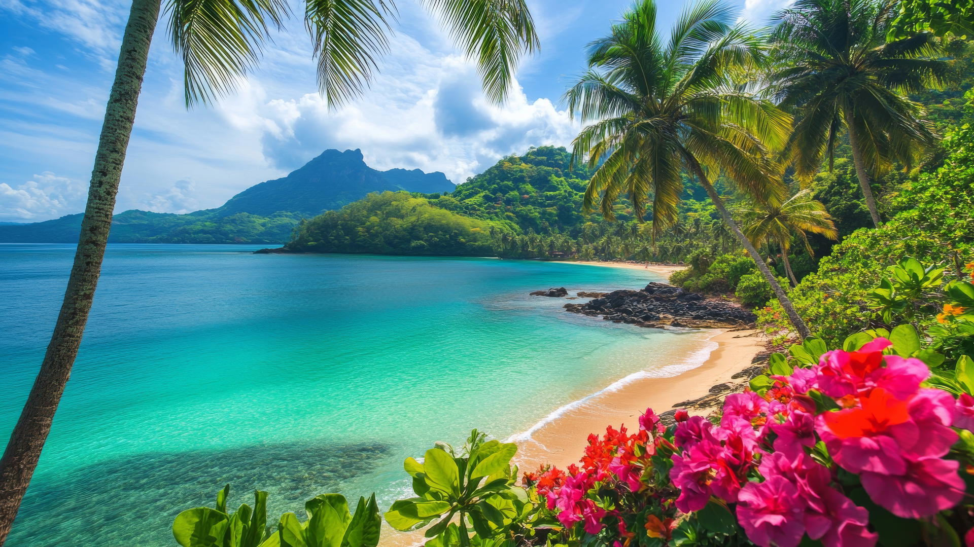 Tropical beach wallpaper with lush palm trees, turquoise water, and blooming flowers