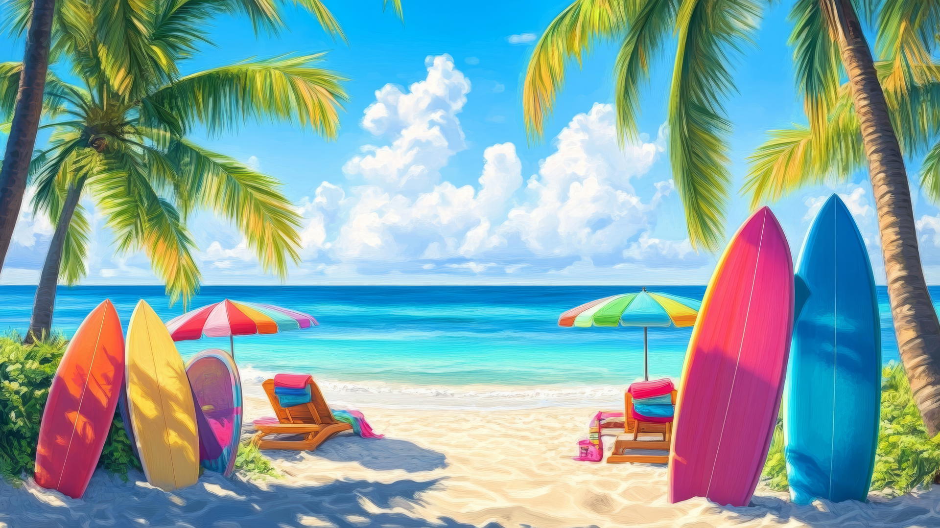 beach themed wallpaper with bright beach towels, colorful umbrellas, surfboards, and palm trees