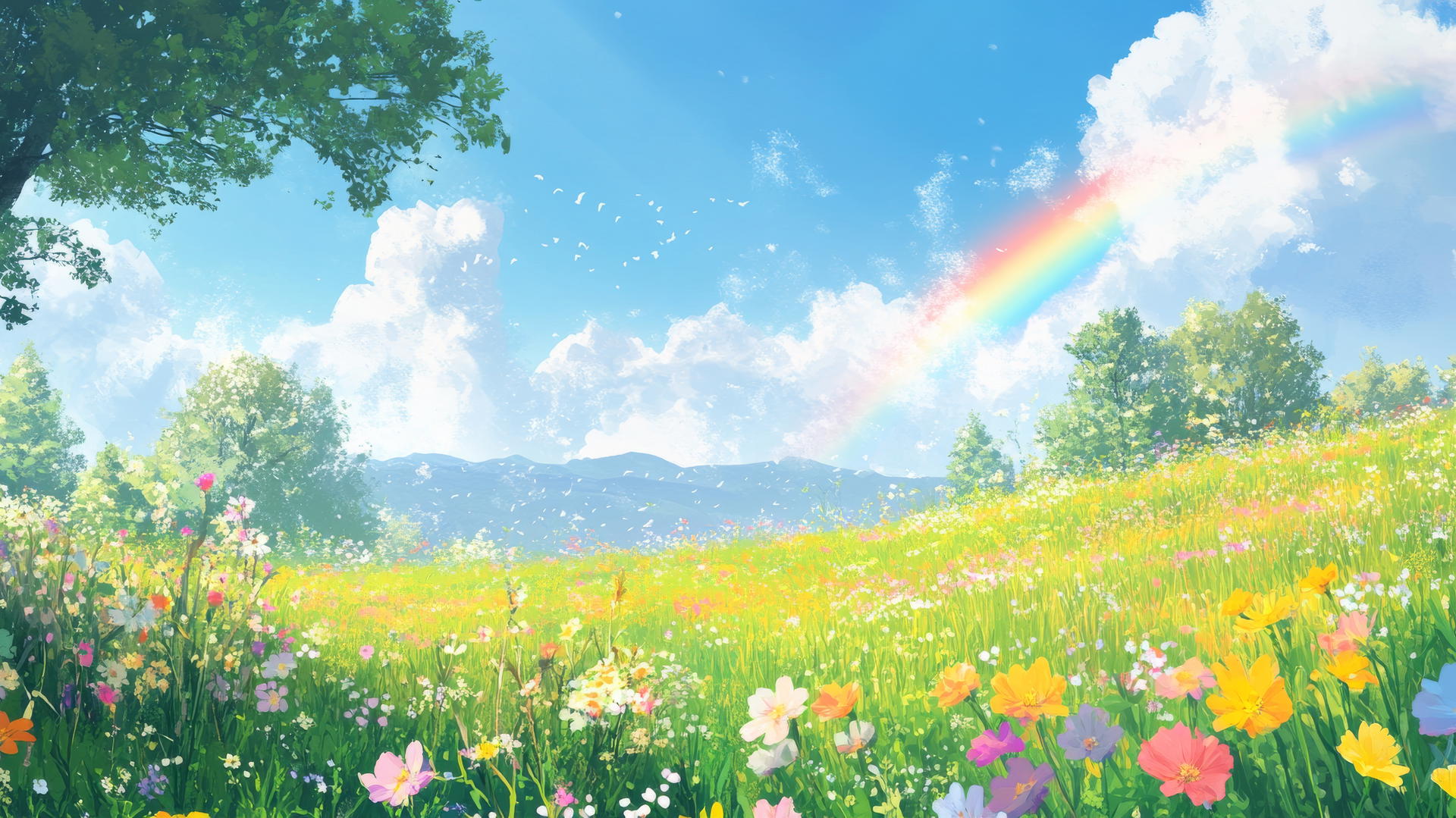 spring wallpaper with a green meadow, blooming wildflowers, and a rainbow