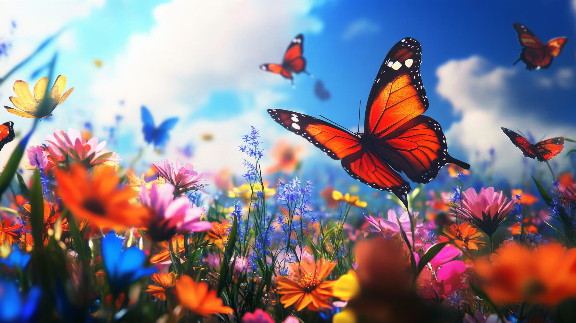 spring wallpaper with butterflies over a colorful flower field