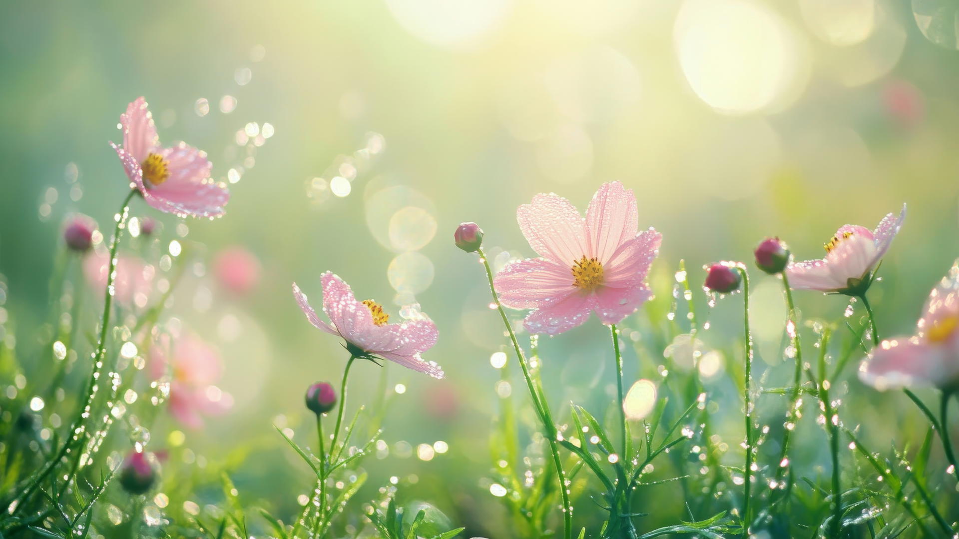 spring wallpaper with misty morning, dew-covered flowers, soft sunlight