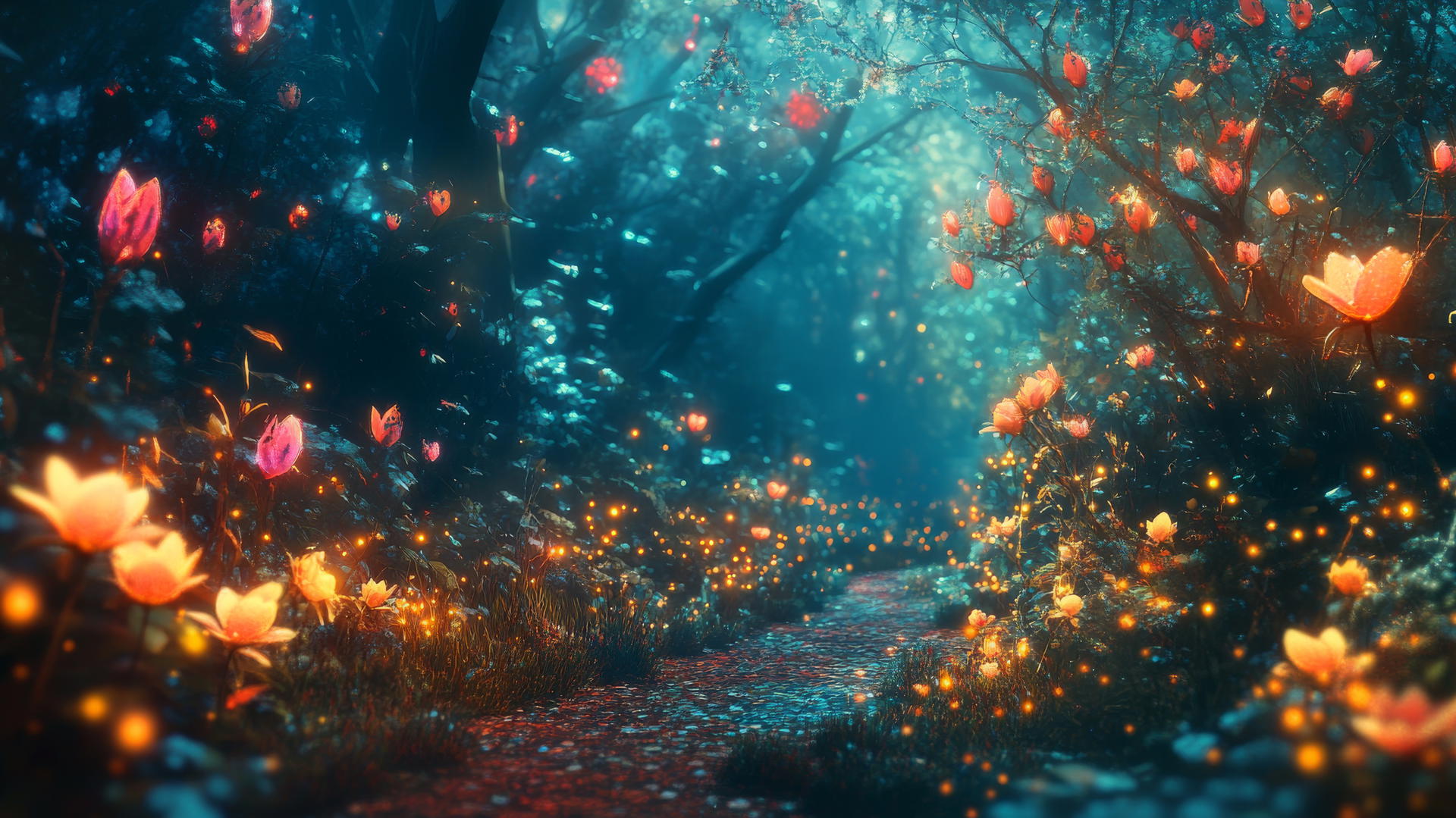 spring wallpaper of a glowing forest with magical flowers and luminous plants