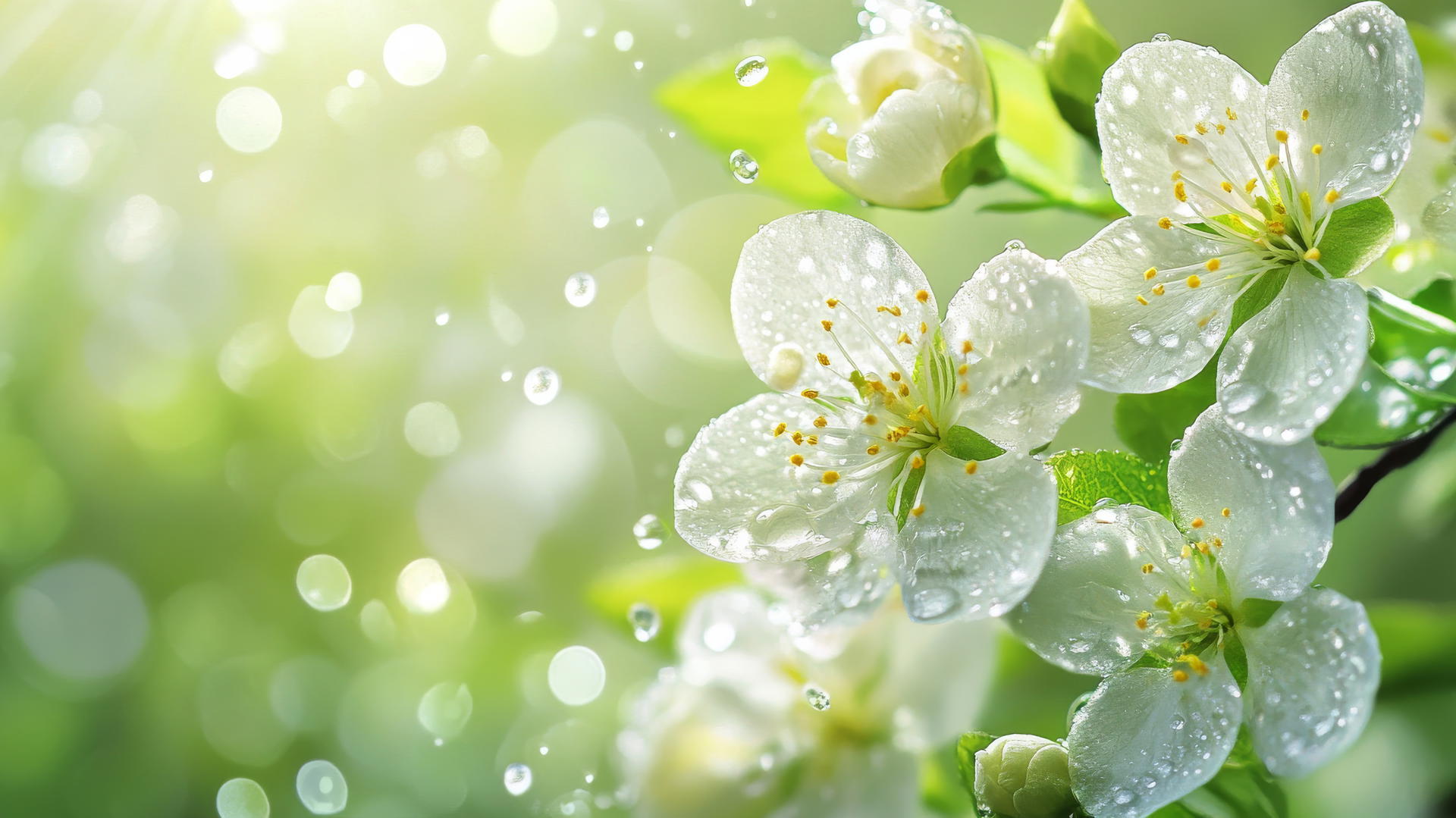 spring wallpaper with newly bloomed flowers and water droplets
