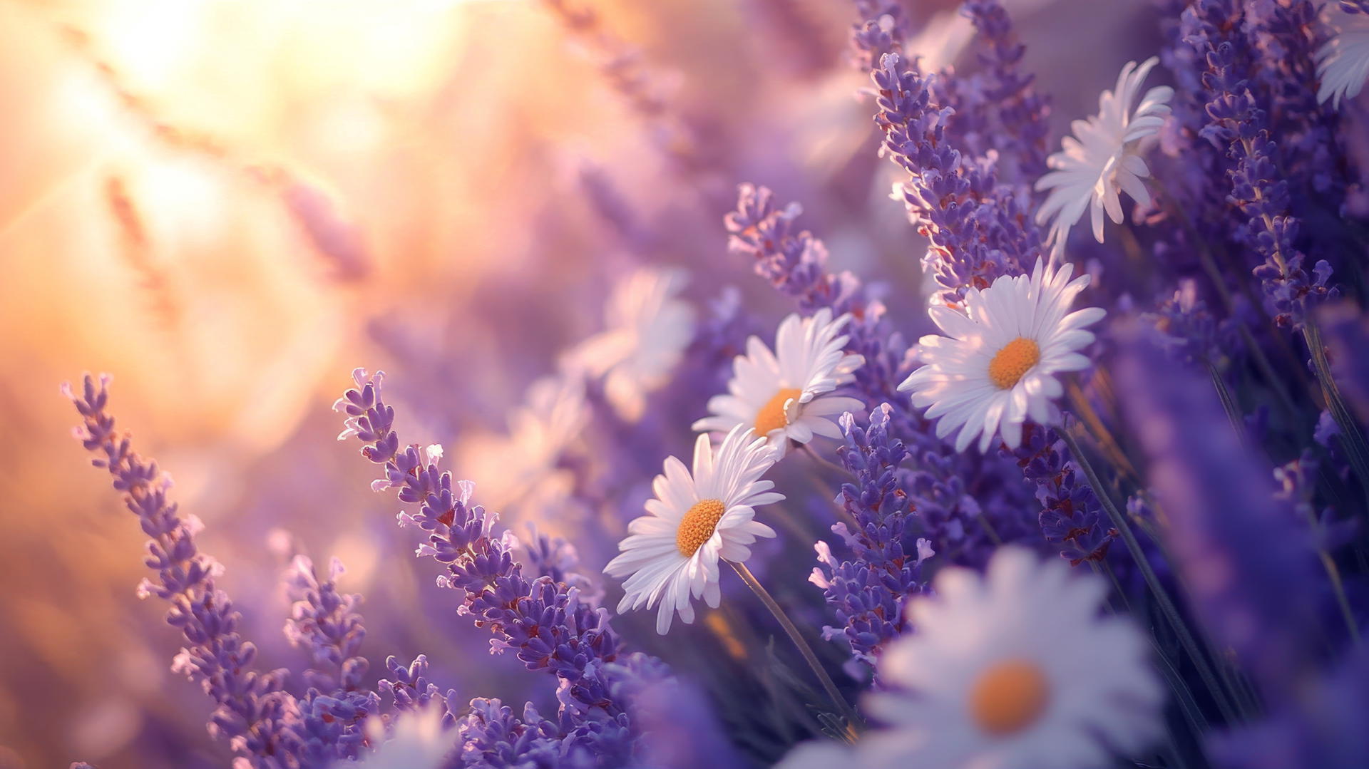 Sunlit field of daisies and lavender flowers with gentle breeze, spring background wallpaper