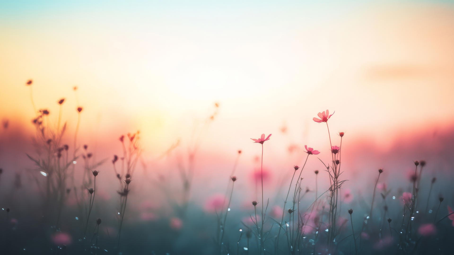 spring aesthetic wallpaper with wildflowers in a dewy meadow at sunrise