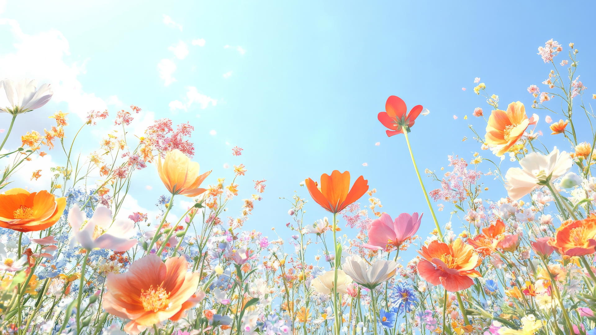 spring flowers wallpaper with colorful flowers in a serene garden under a clear blue sky