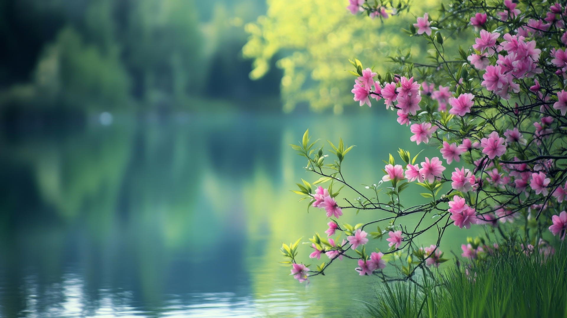 Spring flowers wallpaper with tranquil lakeside scene and reflections.