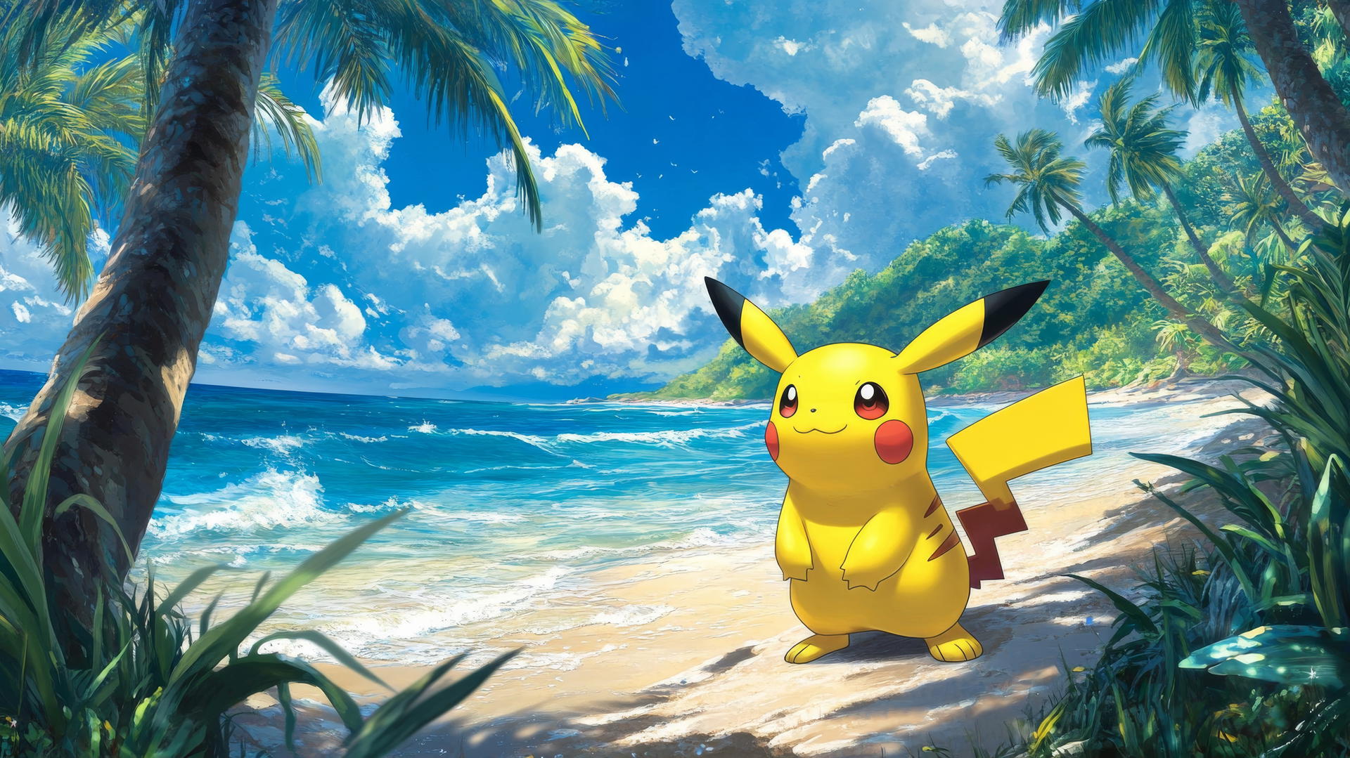Pikachu on a tropical island beach with palm trees