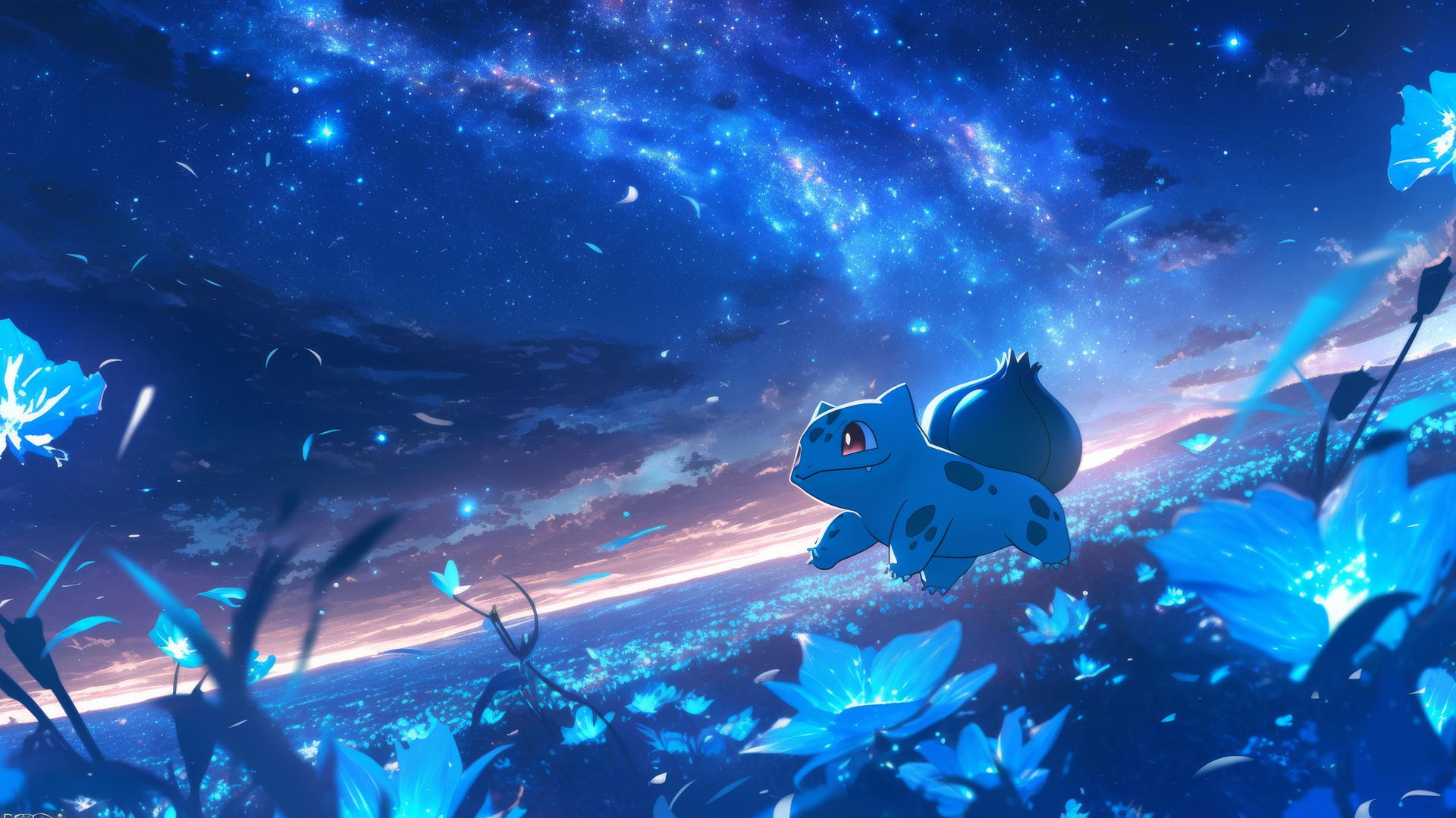 Pokemon Bulbasaur running through a meadow of glowing bioluminescent flowers under a starry night sky
