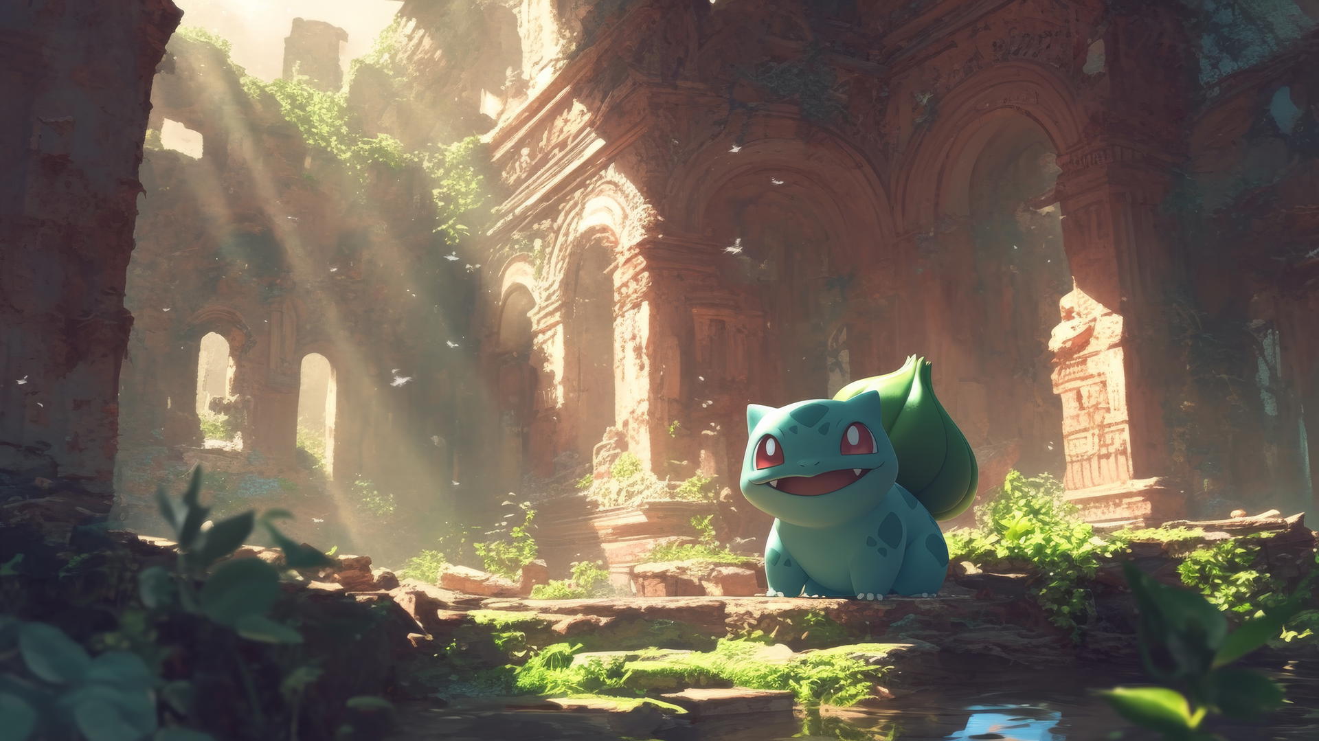 Pokemon Bulbasaur exploring ancient temple with vines and moss