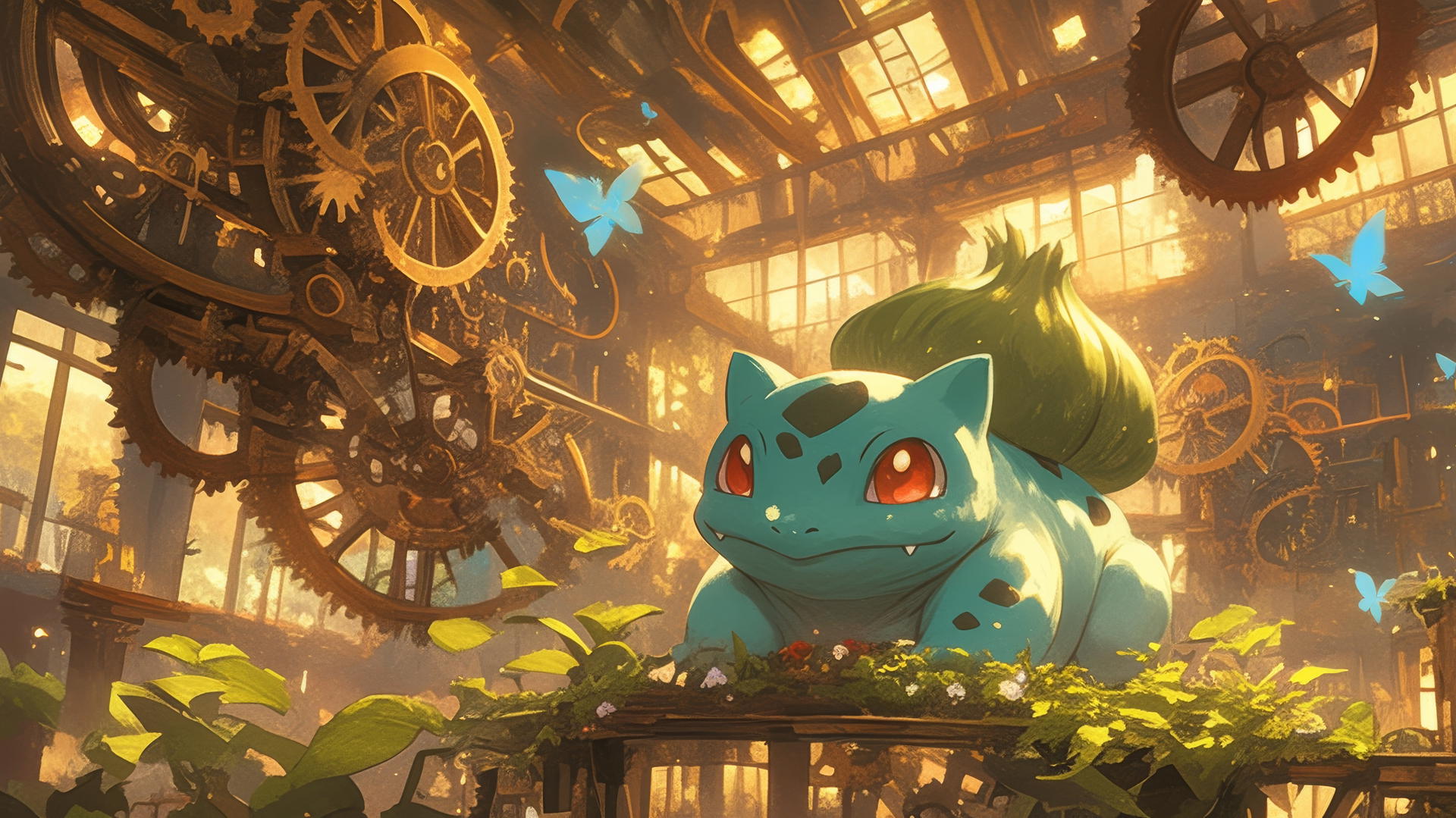 Pokemon Bulbasaur in a steampunk world with bronze gears and mechanical flowers