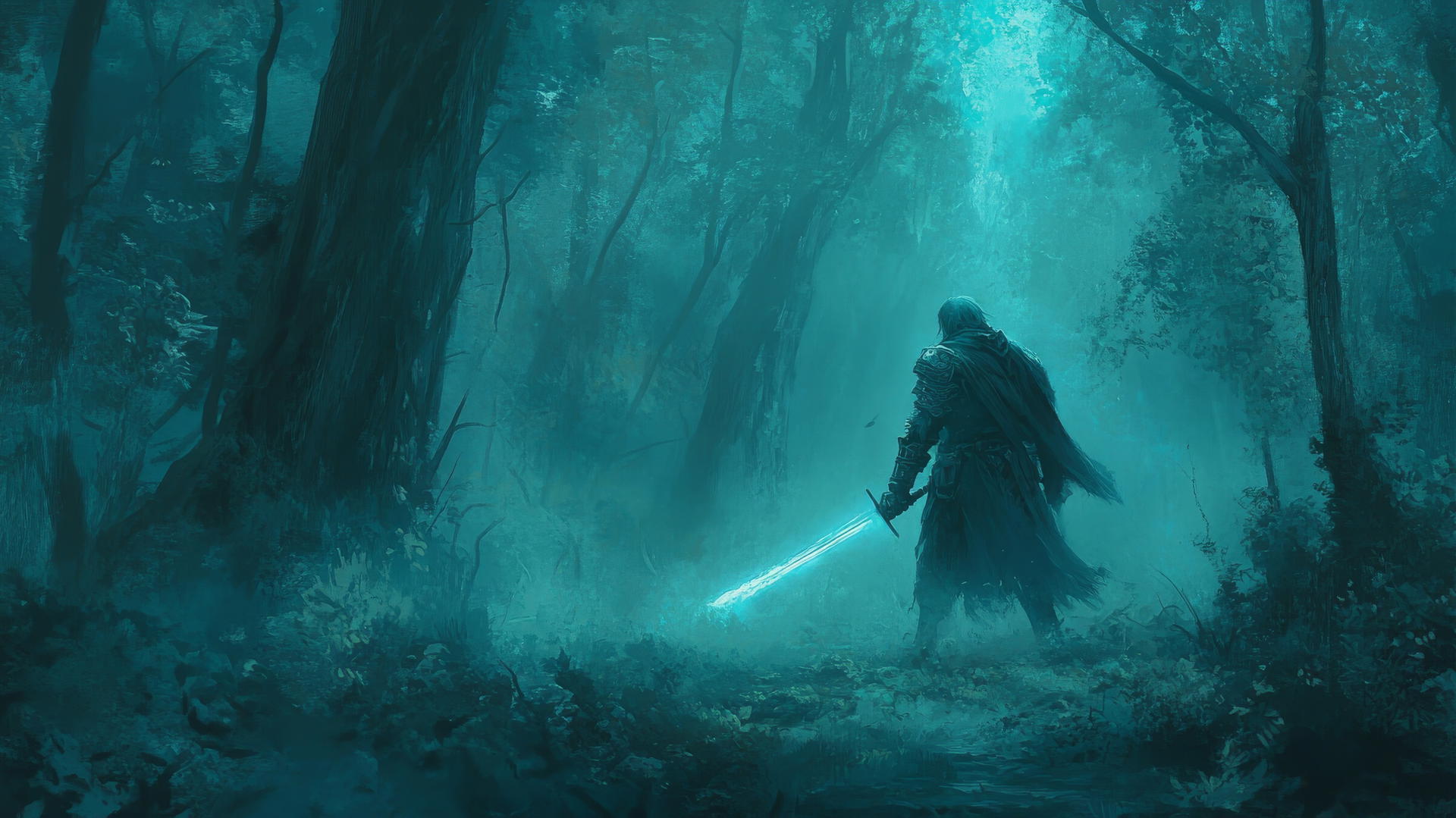 cool wallpapers for boys: dark forest, mysterious warrior with glowing sword