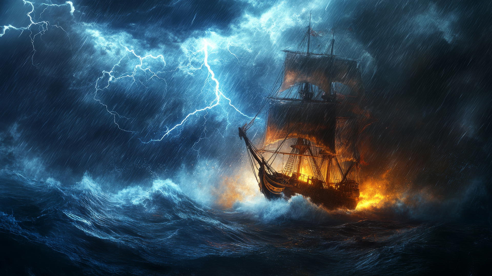 A daring pirate ship sails through a stormy sea with lightning - cool wallpapers for boys.