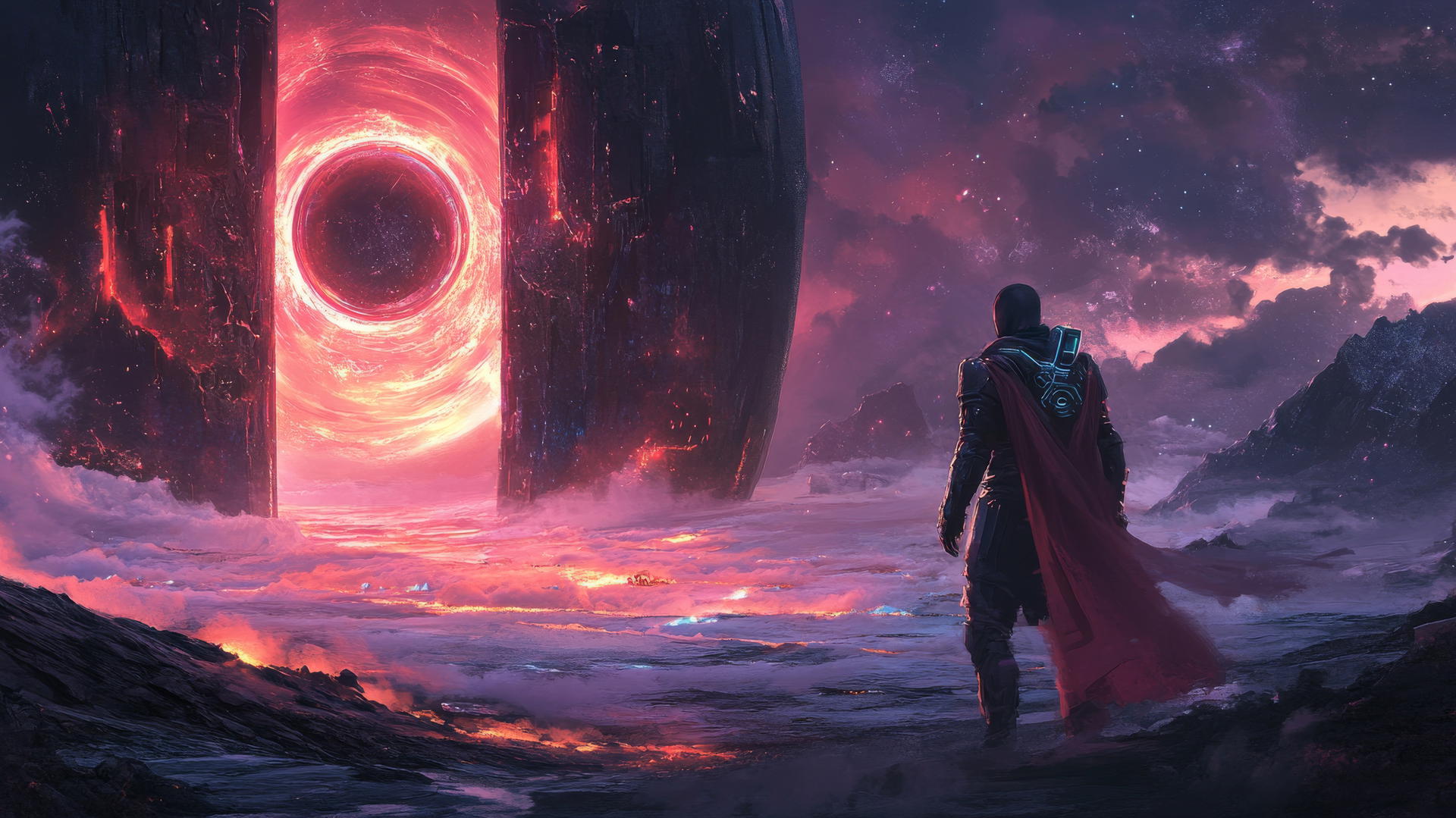 A heroic knight in futuristic armor stands before a glowing portal with a sci-fi landscape beyond. Cool wallpapers for boys.