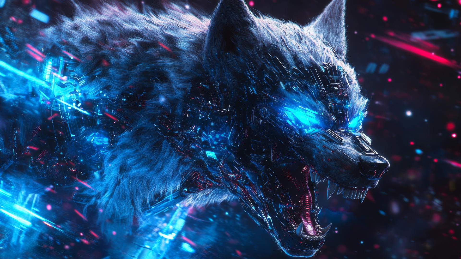 A roaring futuristic wolf with glowing blue eyes and cybernetic enhancements, cool wallpapers for boys