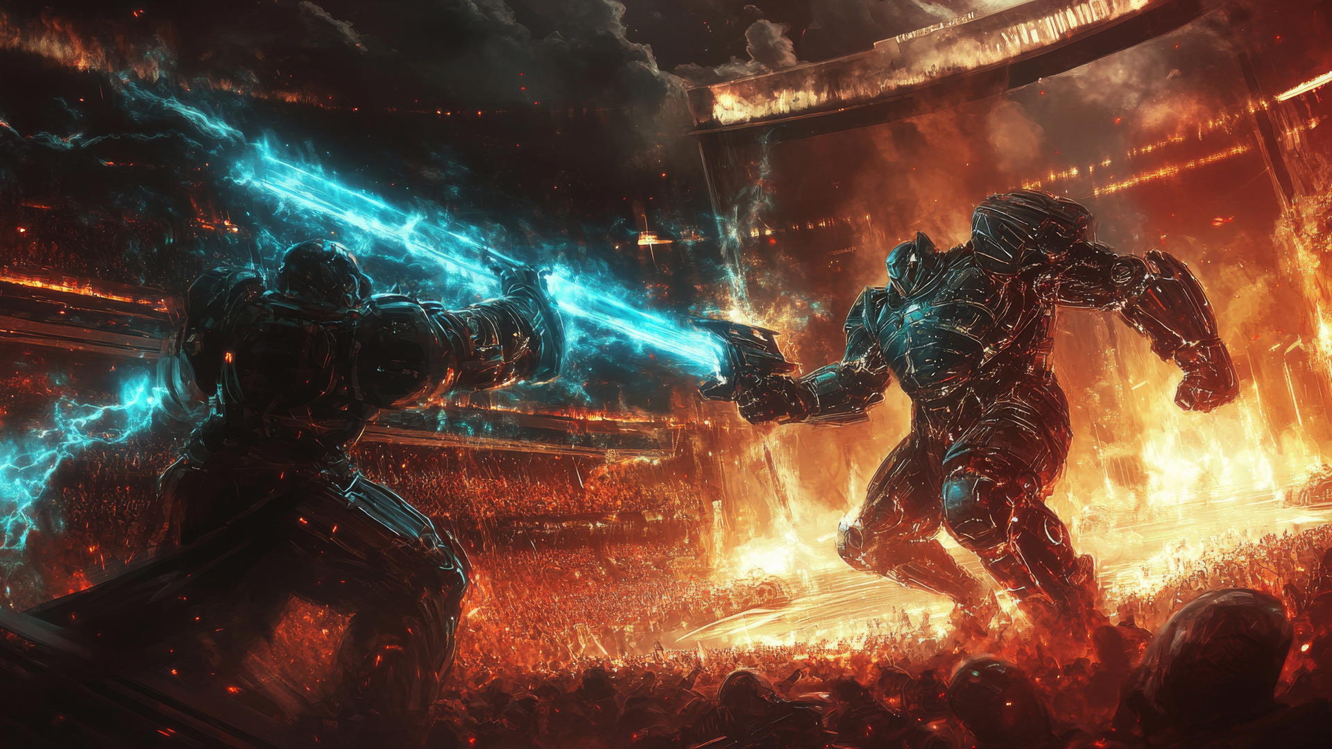 cool wallpapers for boys with two armored warriors in a futuristic arena