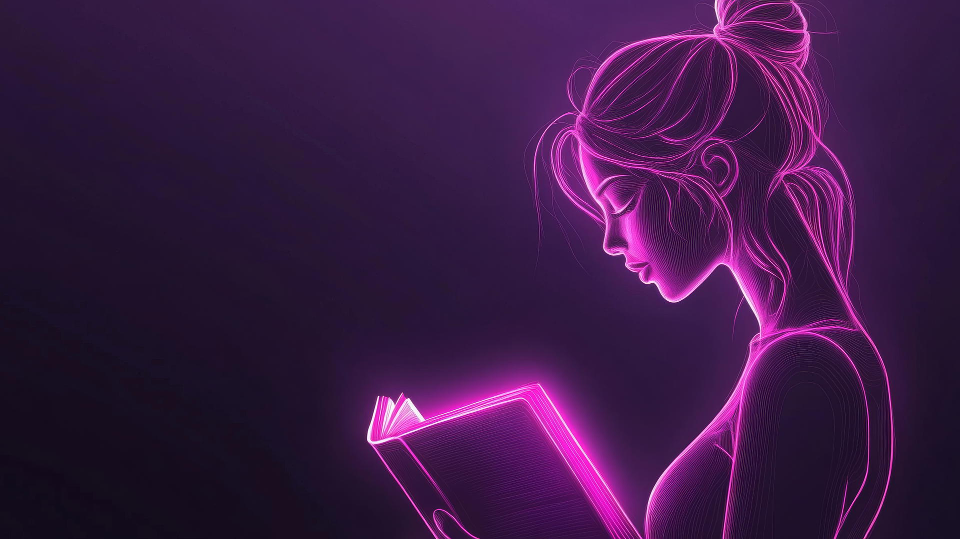 Neon outline of a girl reading a glowing book with light illuminating her face.