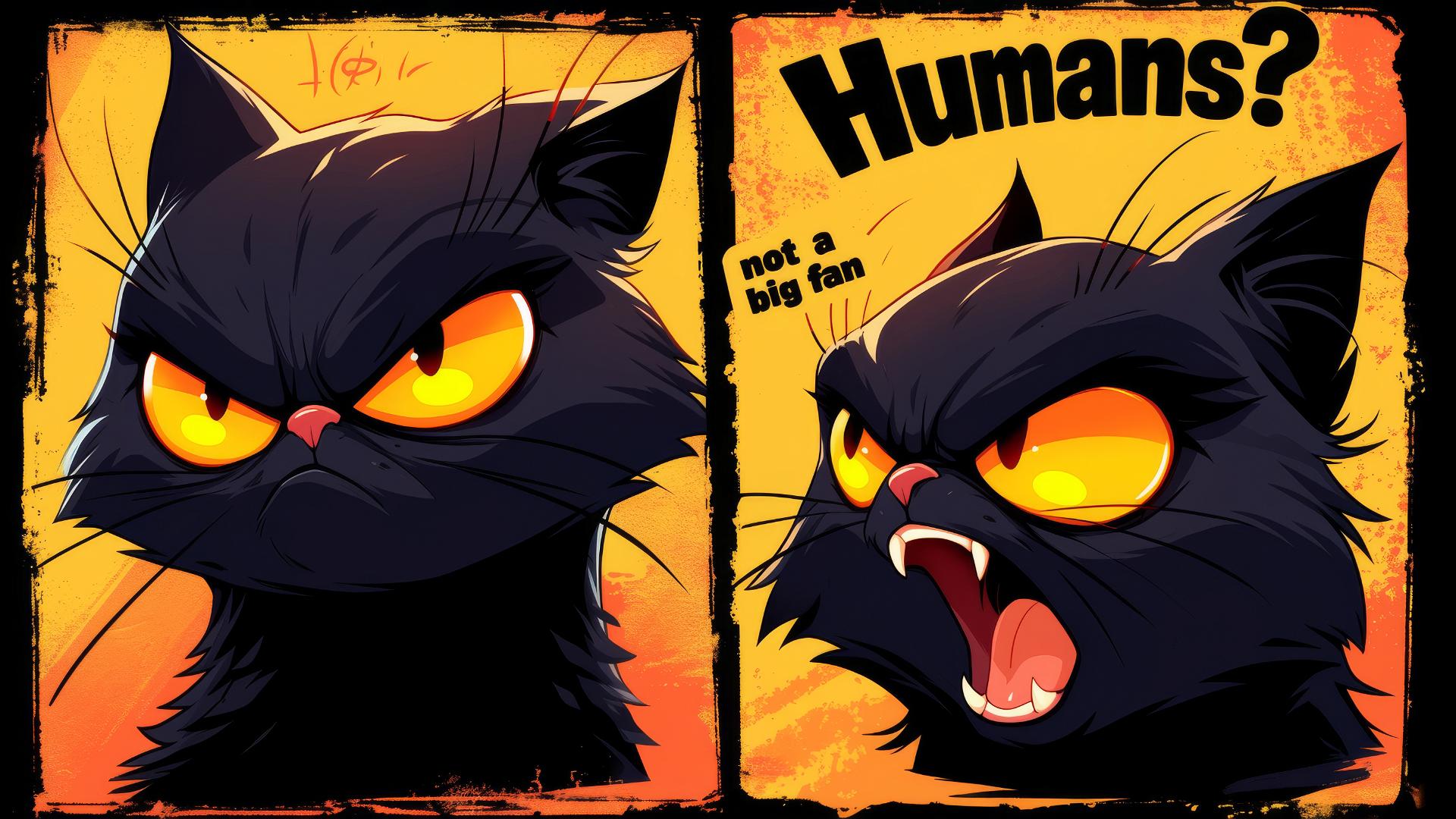 Black cat with smirk, 'humans?' above, 'not a big fan' below, in bold frame.