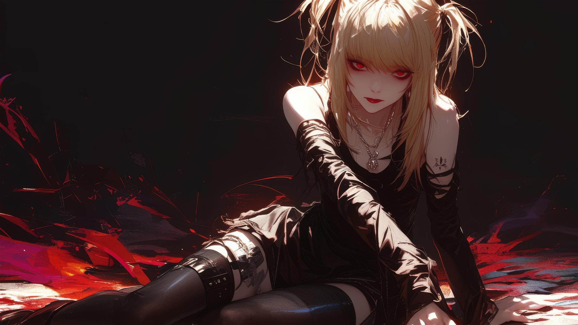 Misa Amane from Death Note with red eyes in dynamic pose on dark background