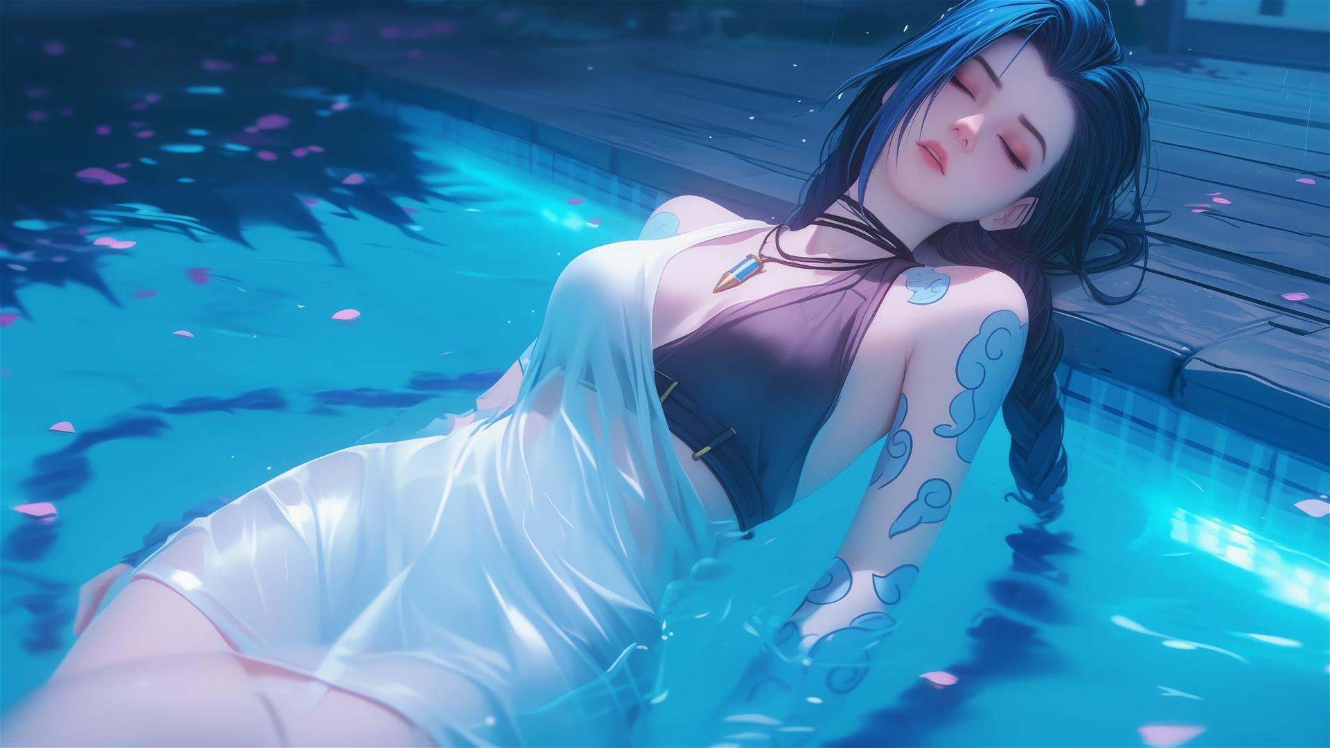 Jinx from League of Legends in white dress at rainy pool
