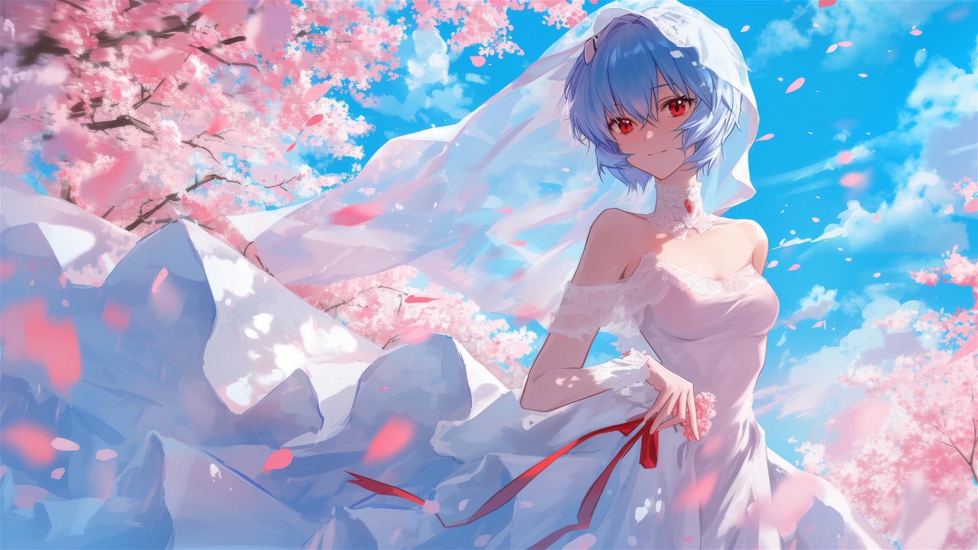 Rei Ayanami in a modern wedding dress among cherry blossoms