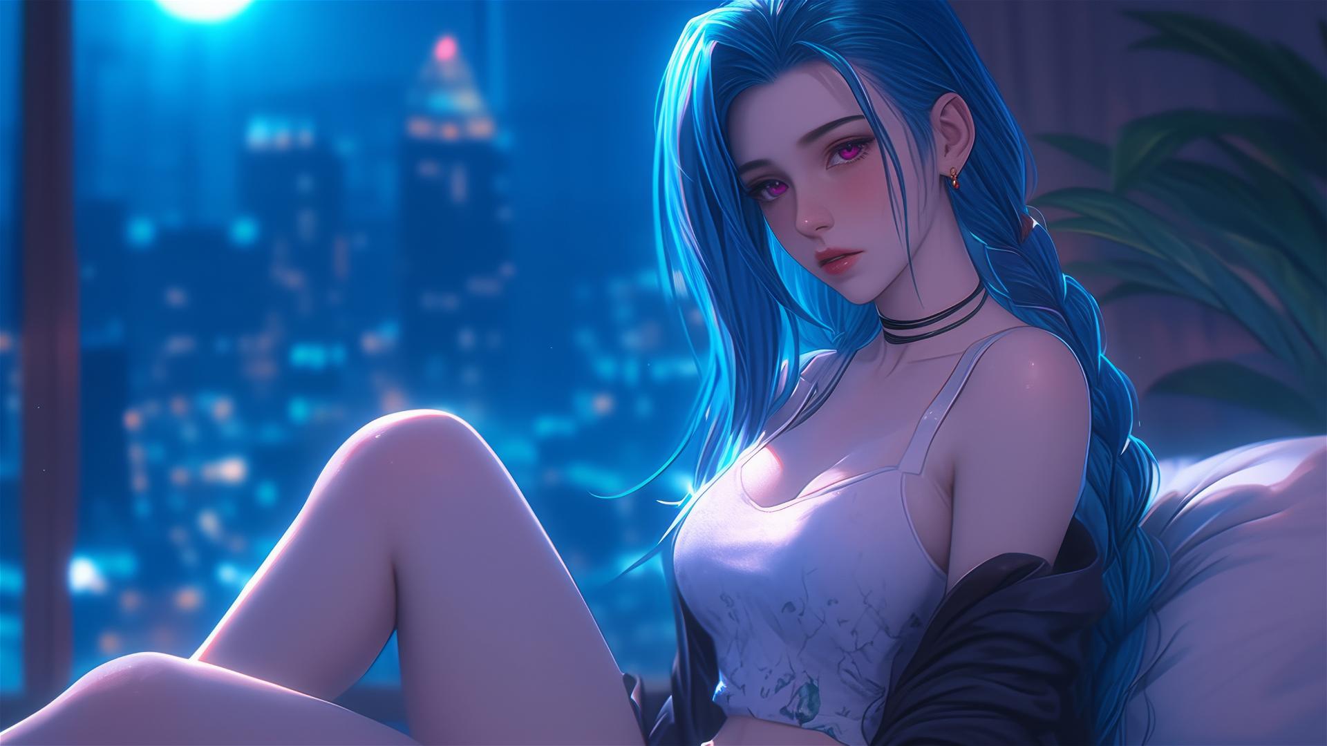 Jinx from League of Legends sitting in an apartment with moonlight, pink eyes, blue hair, silk pajamas