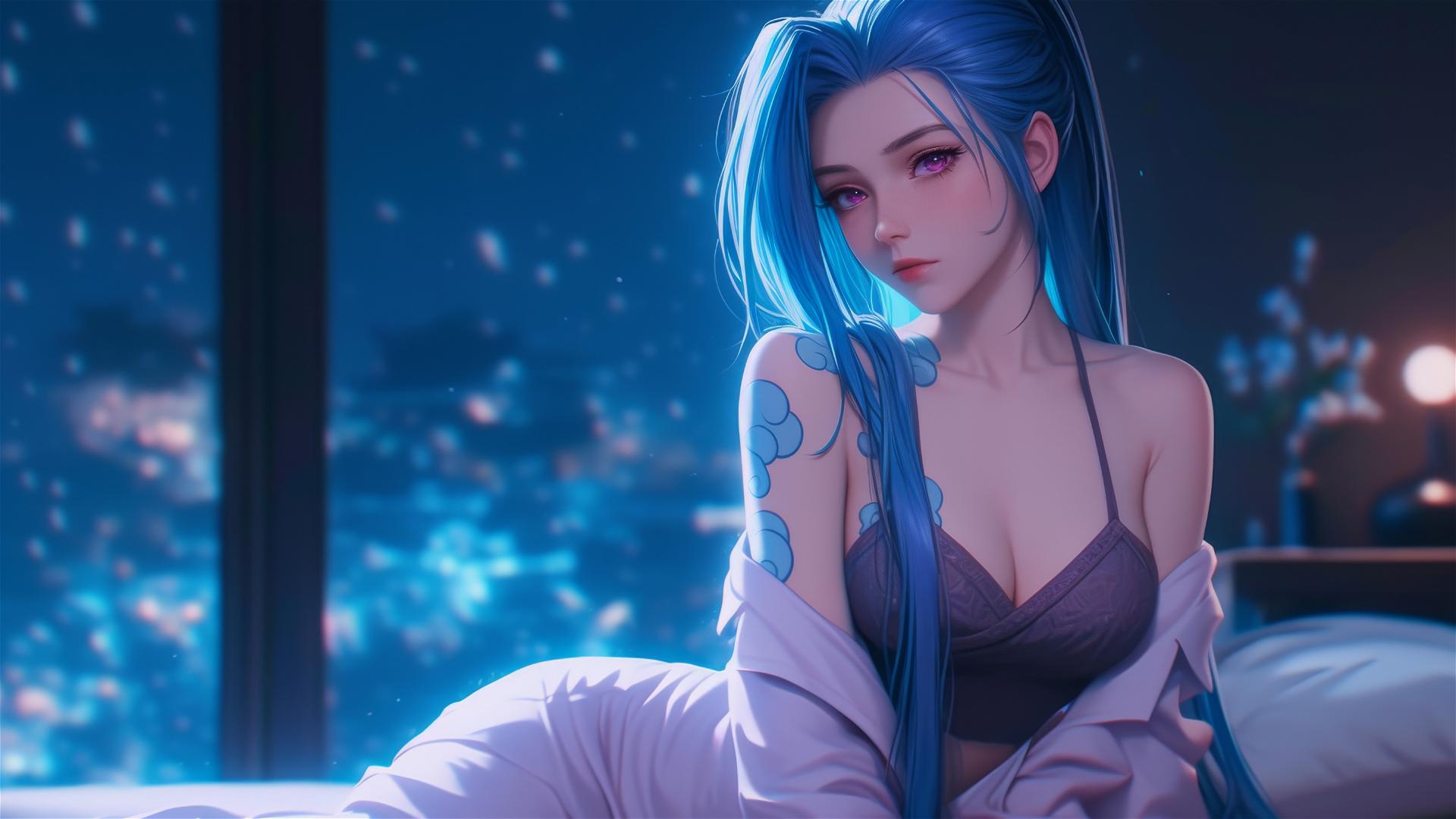 Jinx from League of Legends sitting in apartment under moonlight