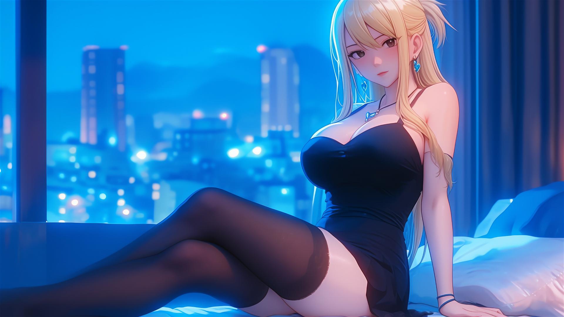 Lucy Heartfilia rests in a modern apartment under moonlight